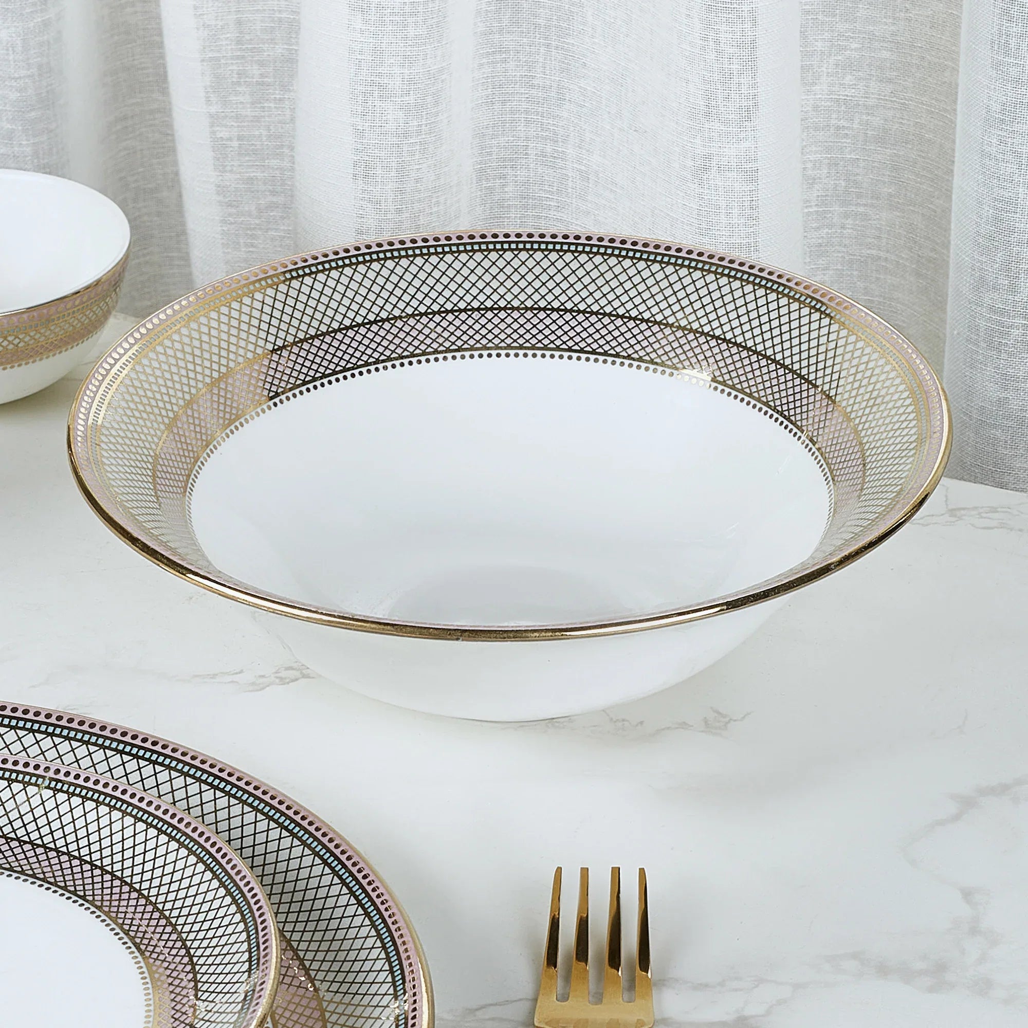 Amour Real Gold-Plated Bone China Charlotte Serving Bowl in Pink & White Colour - HomeTown