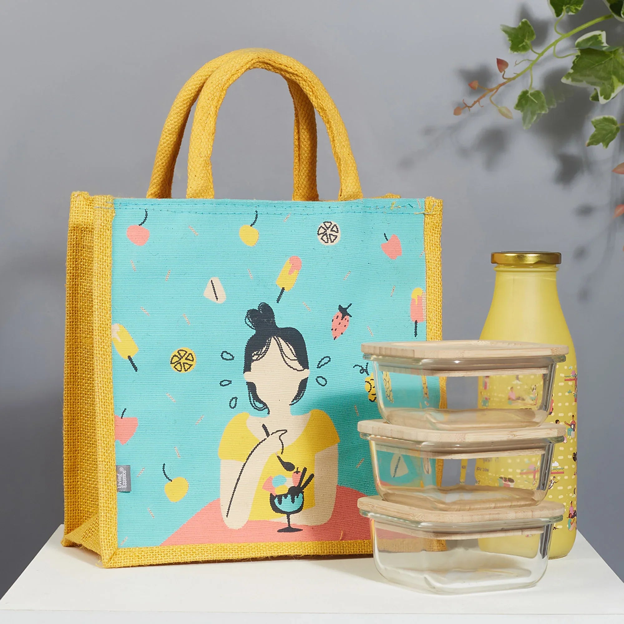 Good Life Jute Reversible Dessert Printed Lunch Bag 25.5 x 25.5 Cm in Turq & Yellow Colour - HomeTown