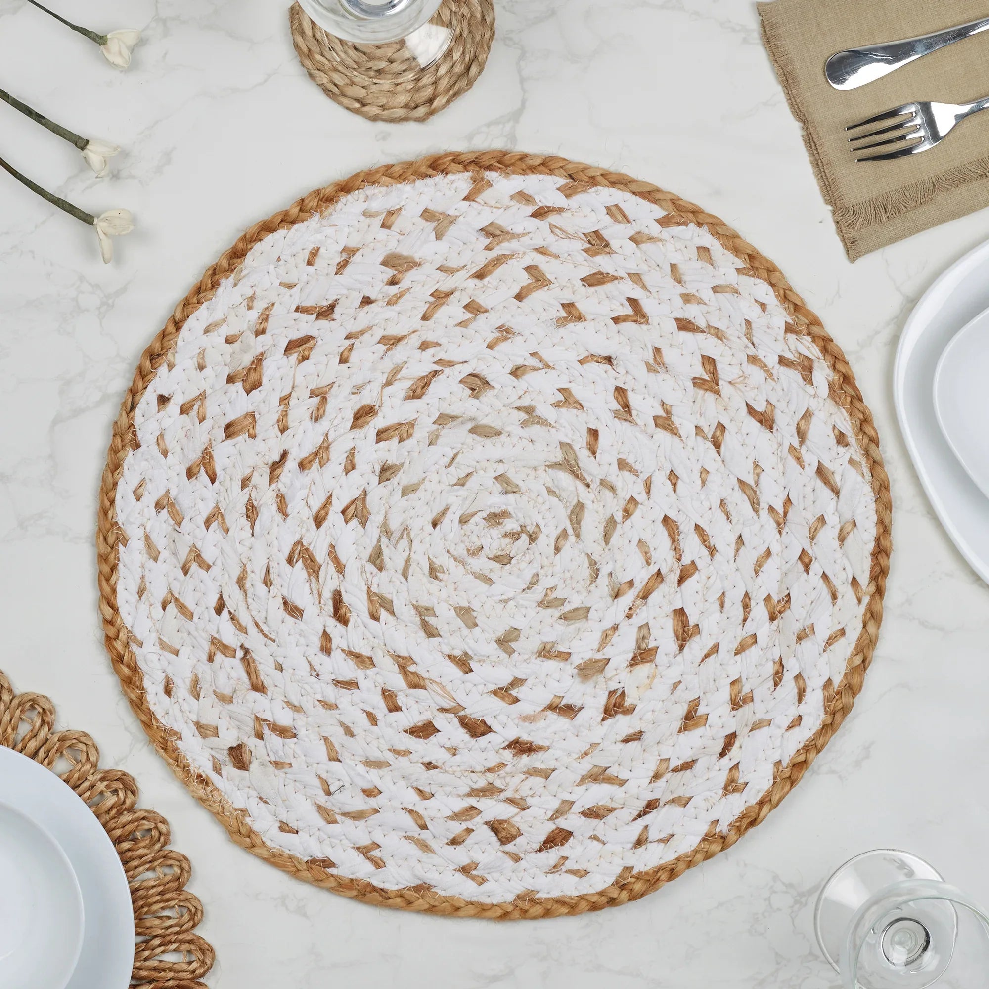 Ebony Handmade Recycled Fabric Placemat Dia 38 Cm in White Colour - HomeTown