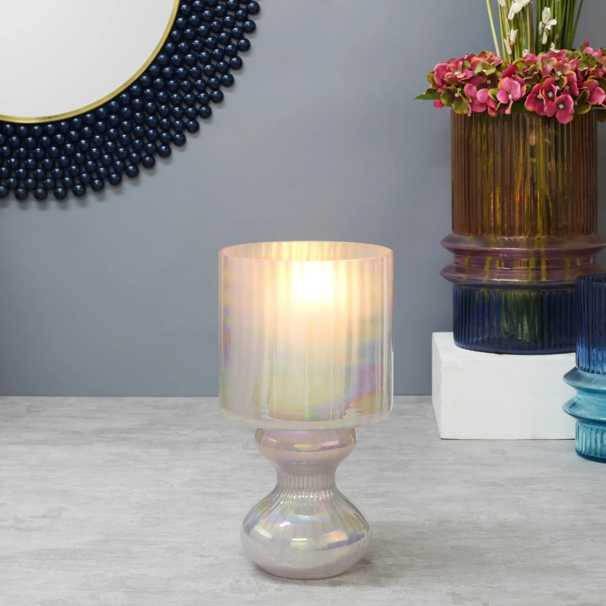 Phiona Glass Fluted Handcrafted Hurricane 29 Cm in Blush Colour - HomeTown