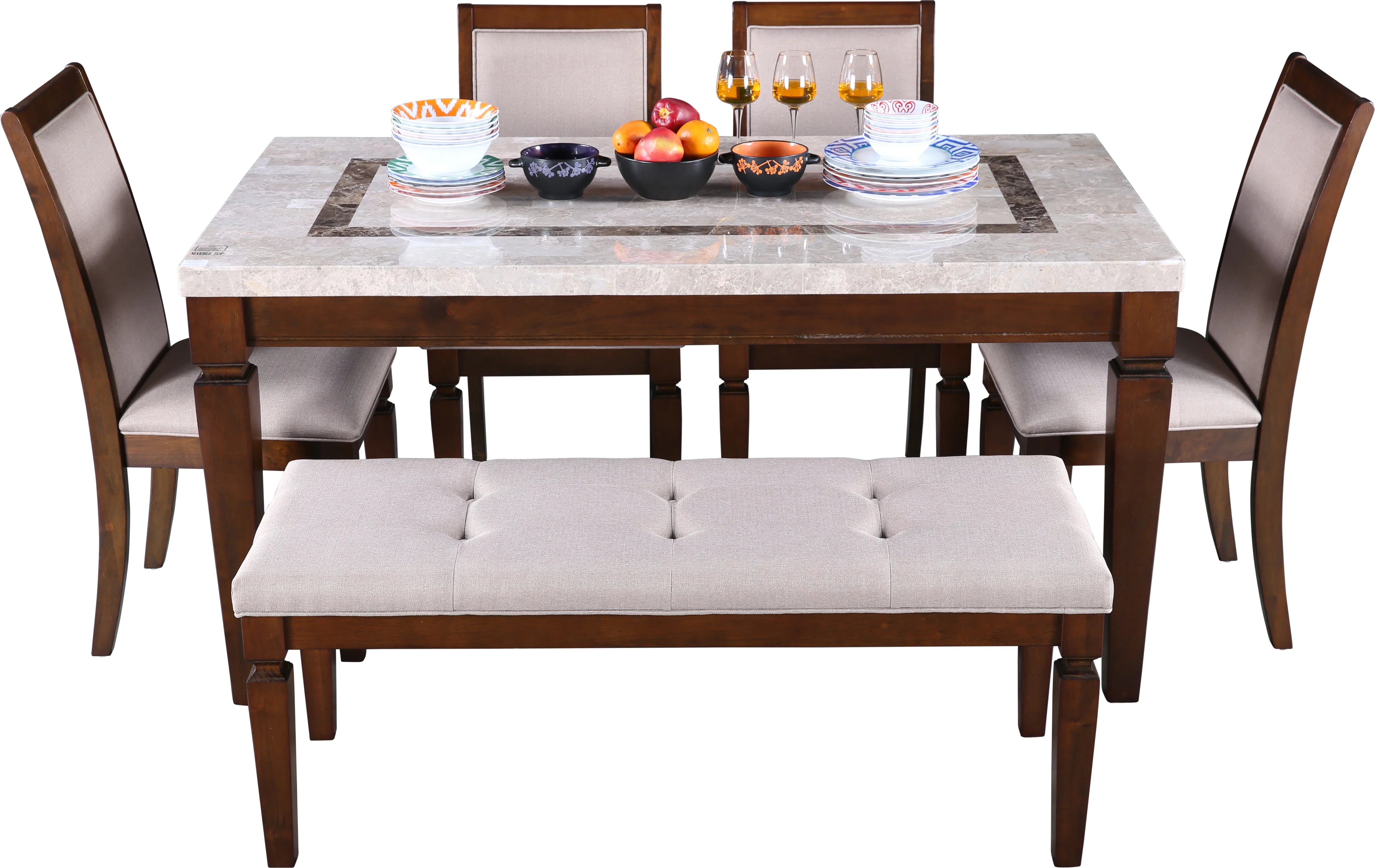 Bliss Marble Top 6 Seater Set with Bench with Inlay in Beige Colour - HomeTown