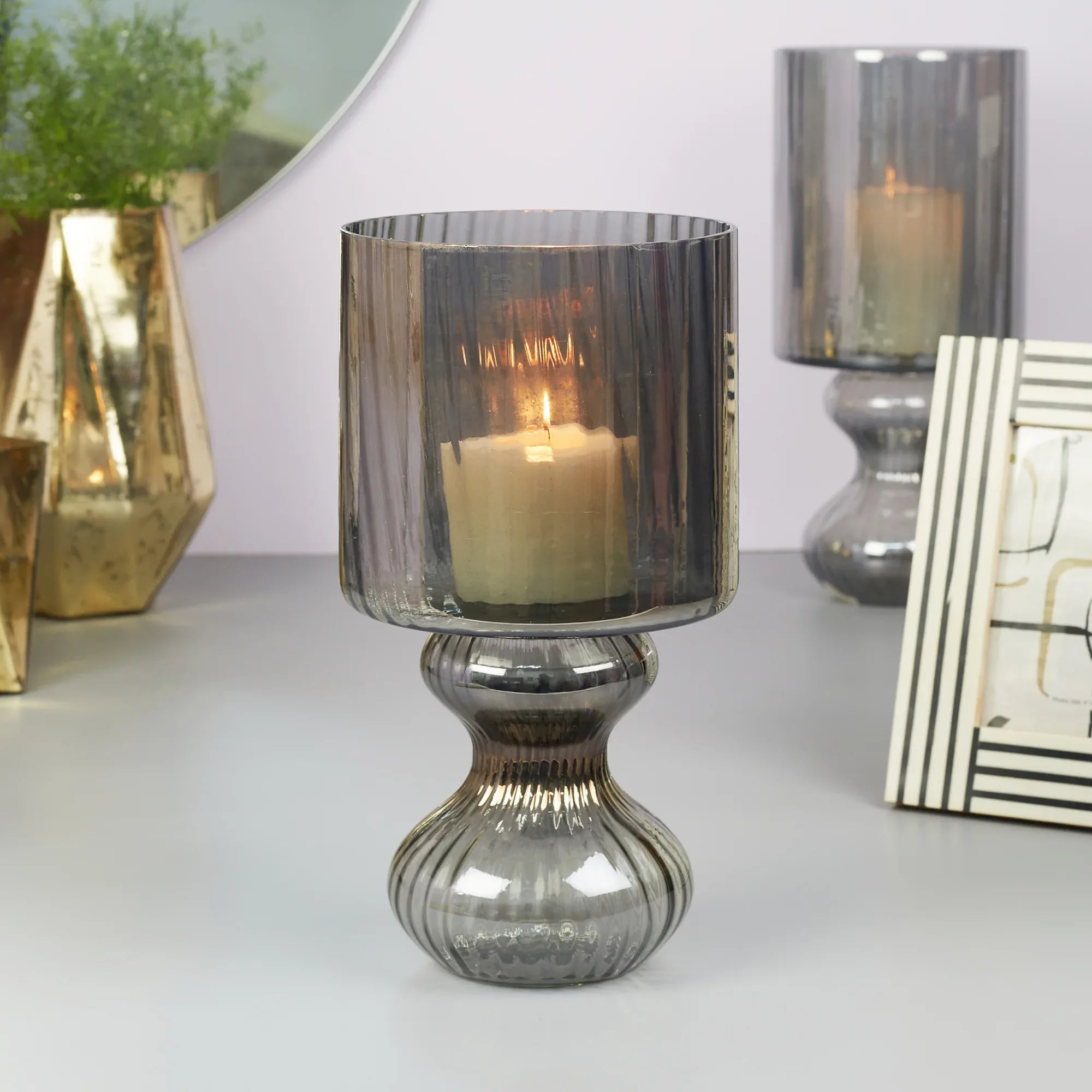 Phiona Glass Fluted Handcrafted Hurricane 29Cm in Black Colour - HomeTown