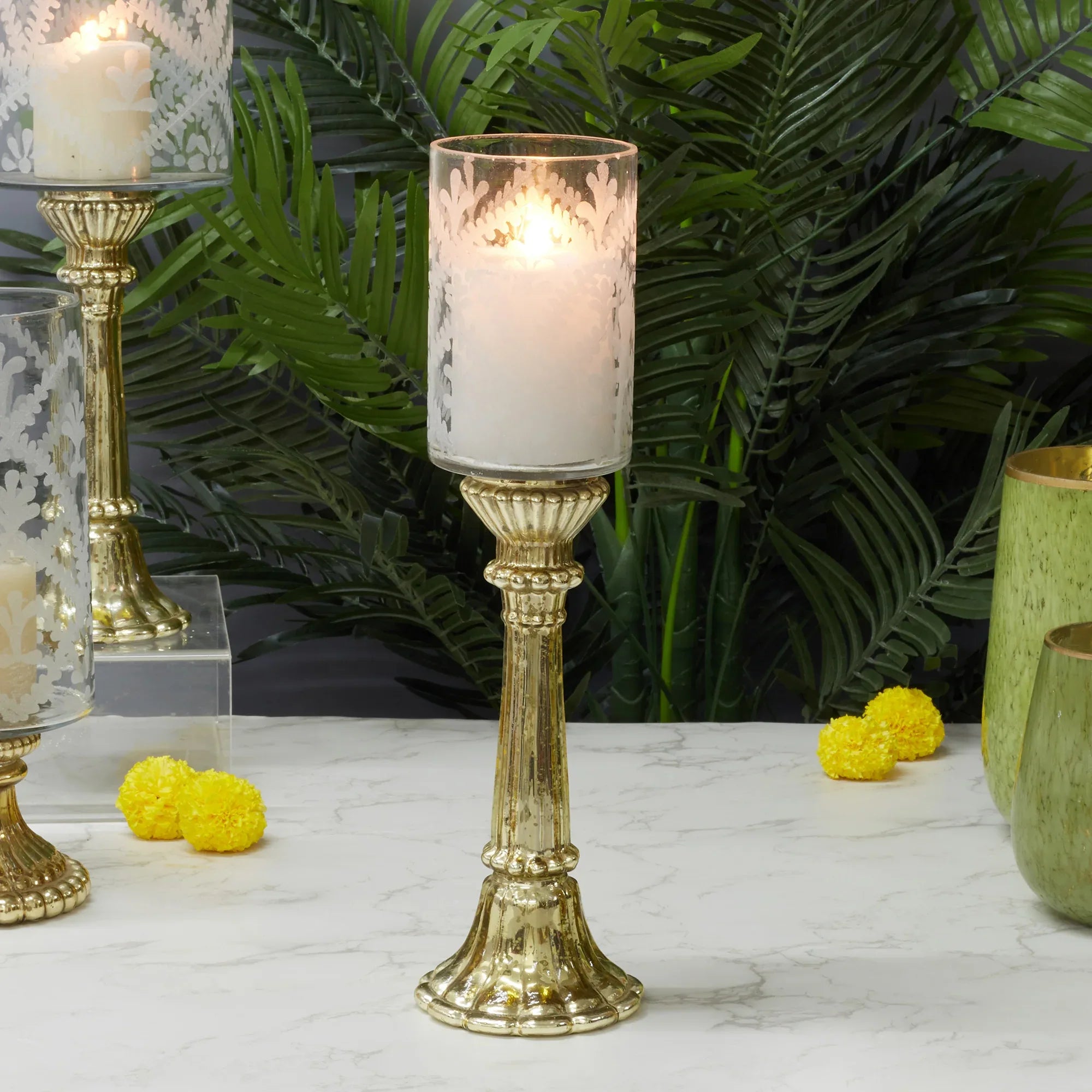 Phiona Glass Etched Handcrafted Hurricane 42 Cm in Gold Colour - HomeTown