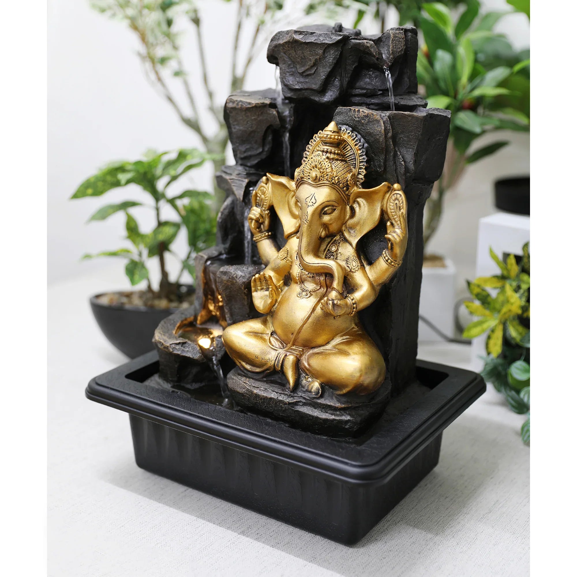 Impression Polyresin Ornate Ganesha Fountain 31X40Cm in Black Gold Colour - HomeTown