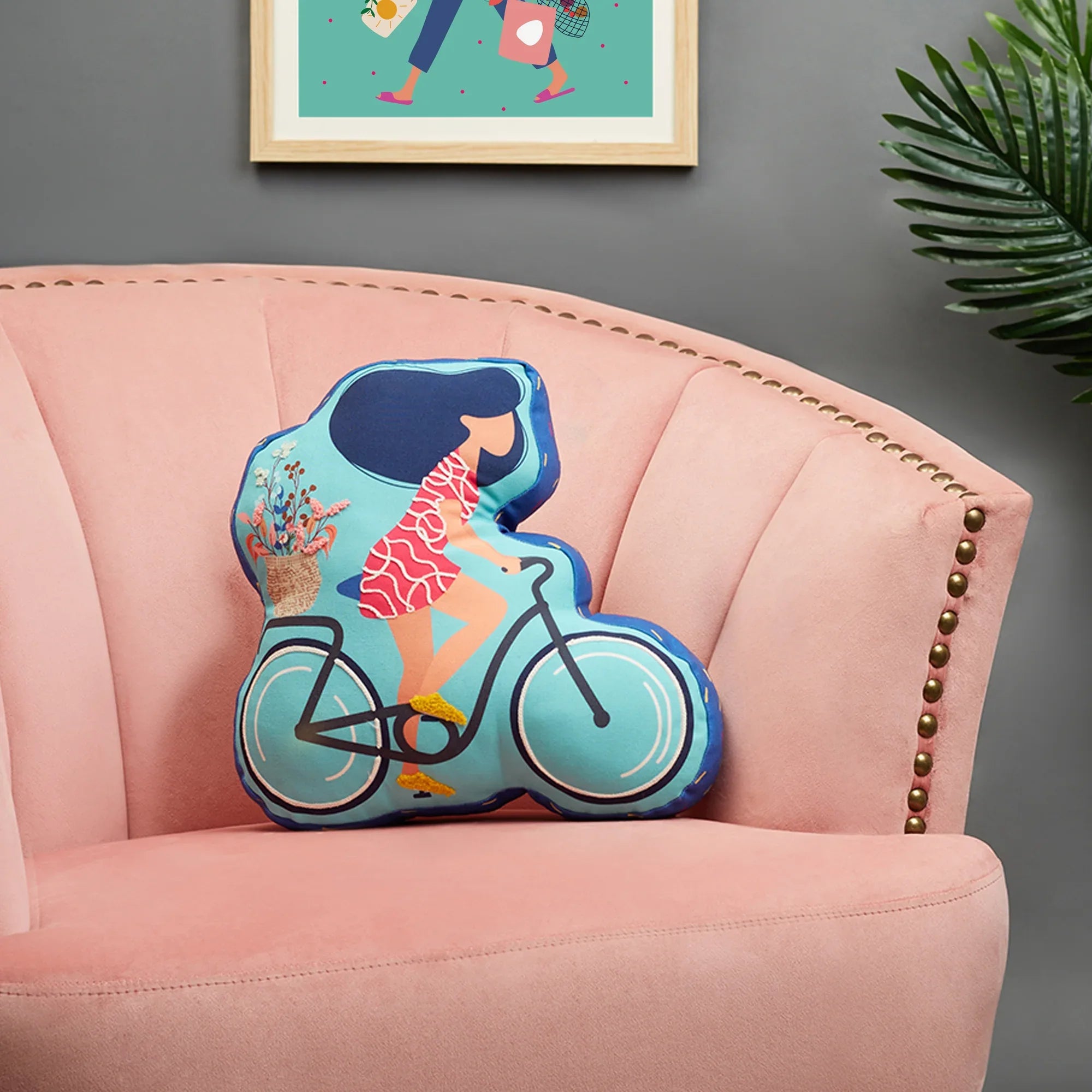 Good Life Reversible Cycle Digital Printed Shaped Cushion 36x36 Cm in Yellow Colour - HomeTown