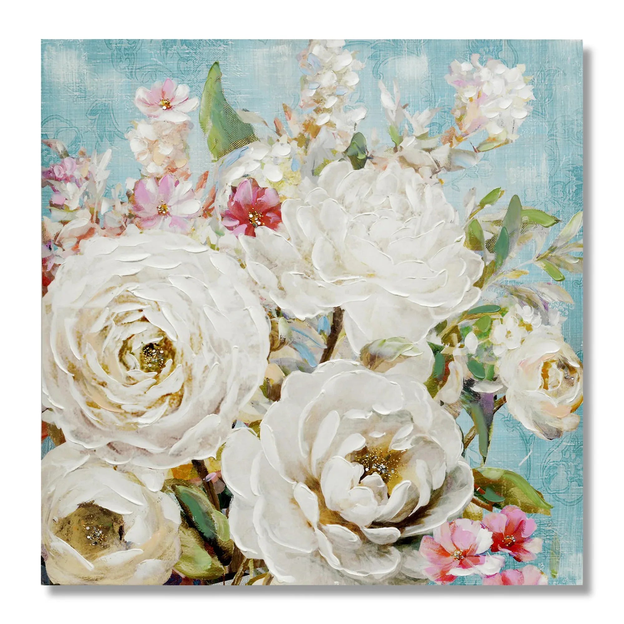 Ilona Fancy Flowers Handmade Canvas Painting With Glitter 100x100 Cm in White Colour - HomeTown