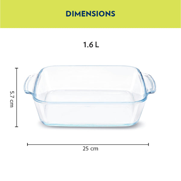Borosil Glass Sqaure Baking Dish Without Plastic Lid 1.6 Litre dimensions
