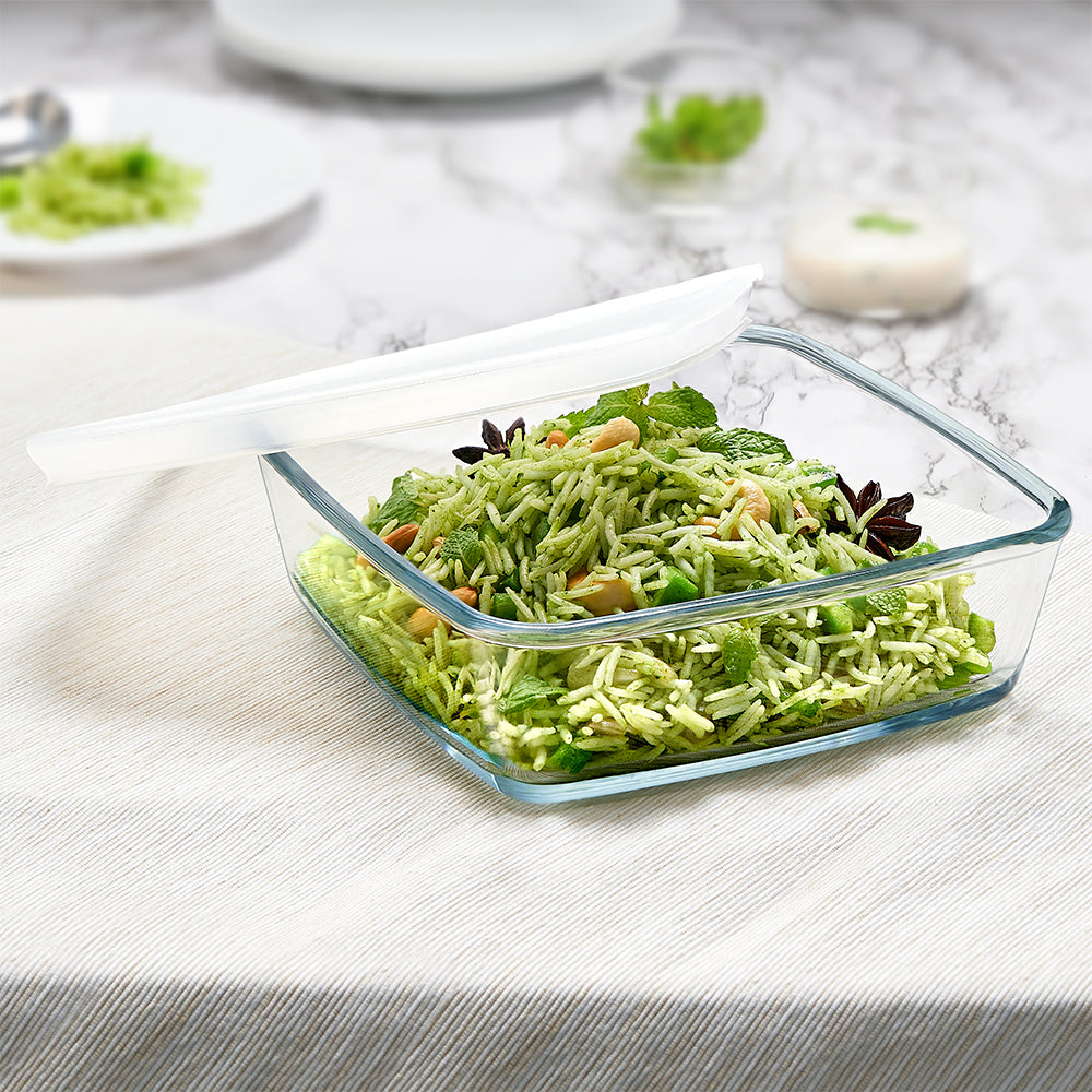 BOROSIL GLASS SQAURE BAKING DISH WITH PLASTIC LID 800ML