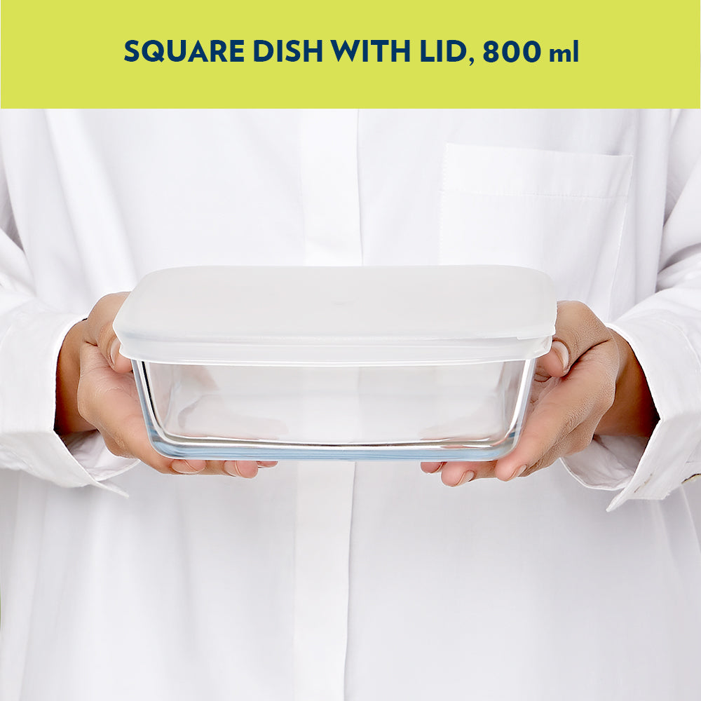 BOROSIL GLASS SQAURE BAKING DISH WITH PLASTIC LID 800ML