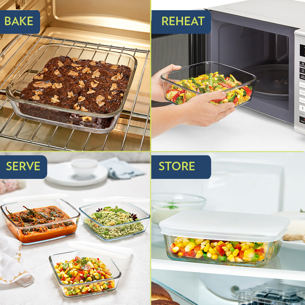 BOROSIL GLASS SQAURE BAKING DISH WITH PLASTIC LID 800ML