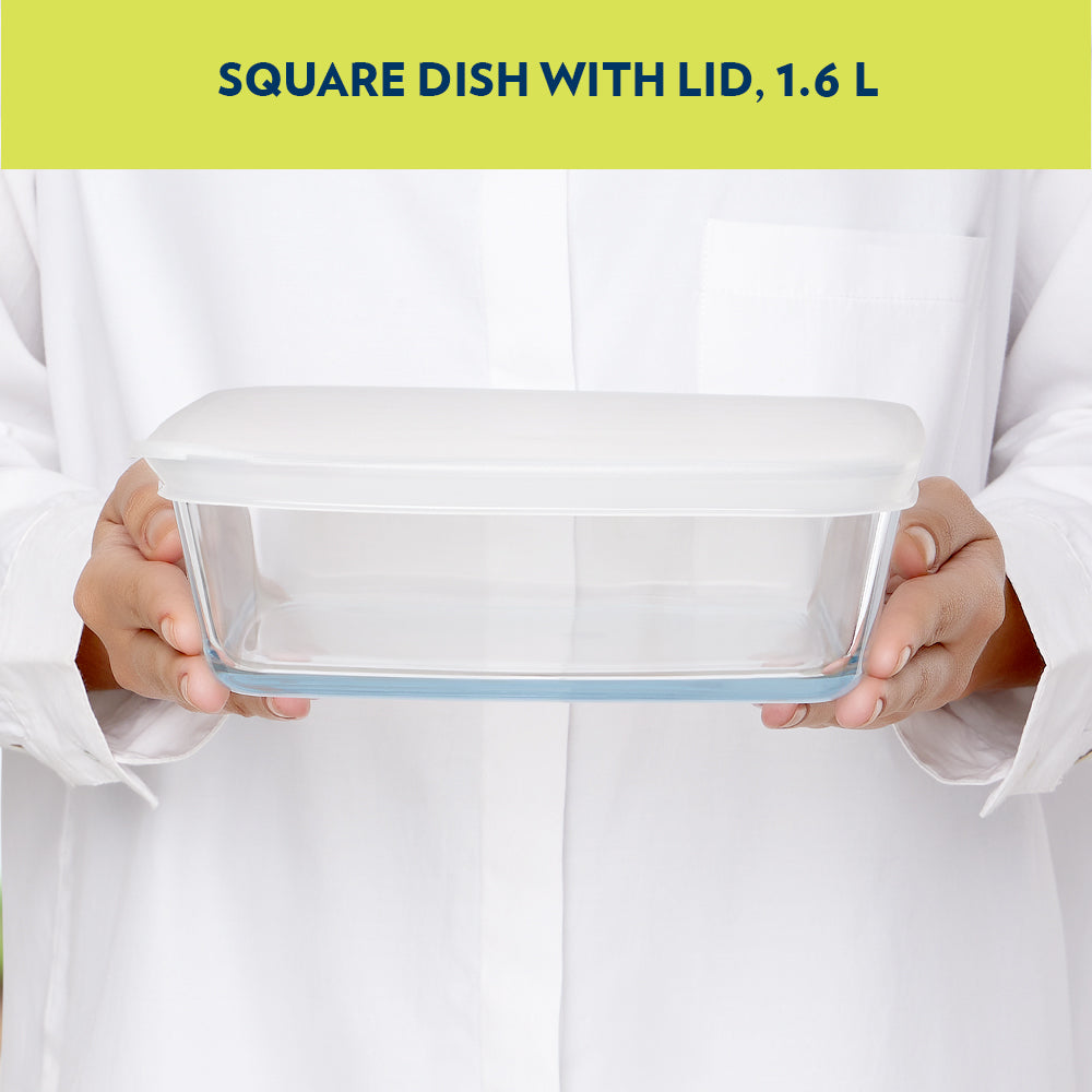 BOROSIL GLASS SQAURE BAKING DISH WITH PLASTIC LID 1.6 LITRE