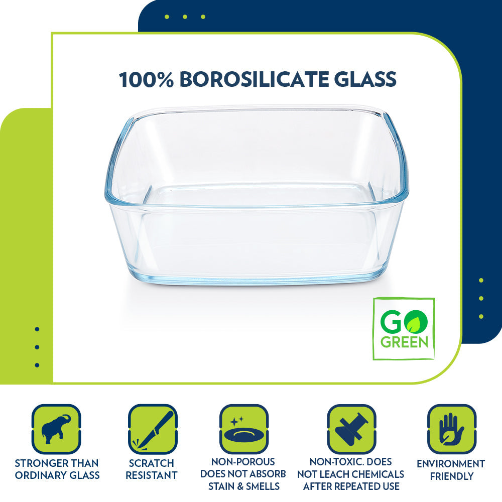 BOROSIL GLASS SQAURE BAKING DISH WITH PLASTIC LID 1.6 LITRE