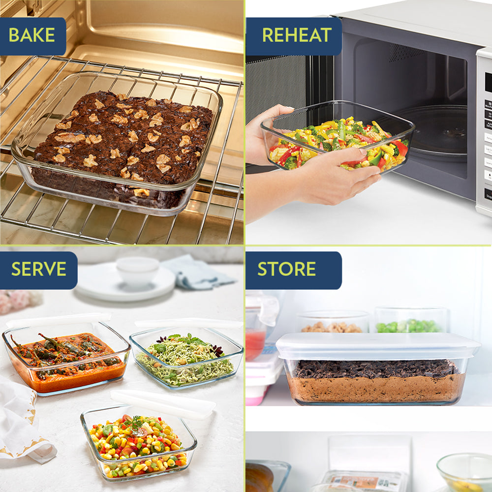 BOROSIL GLASS SQAURE BAKING DISH WITH PLASTIC LID 1.6 LITRE