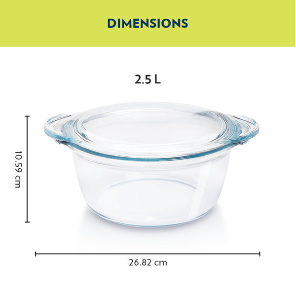 Borosil Deep Round Casserole with Flat Lid 2.5 L dimensions