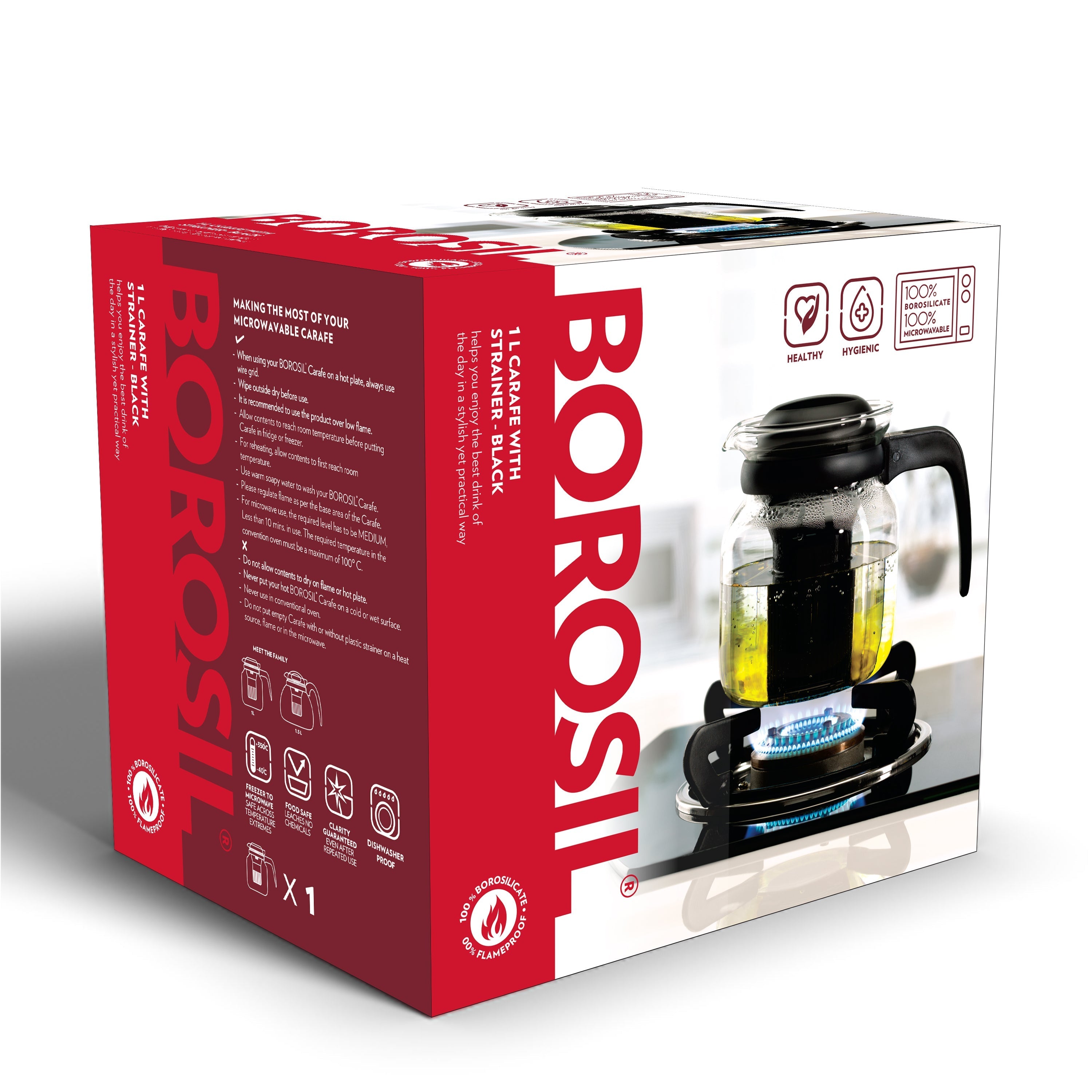 BOROSIL CARAFE  STRAINER IN LID BLACK 1 LITRE