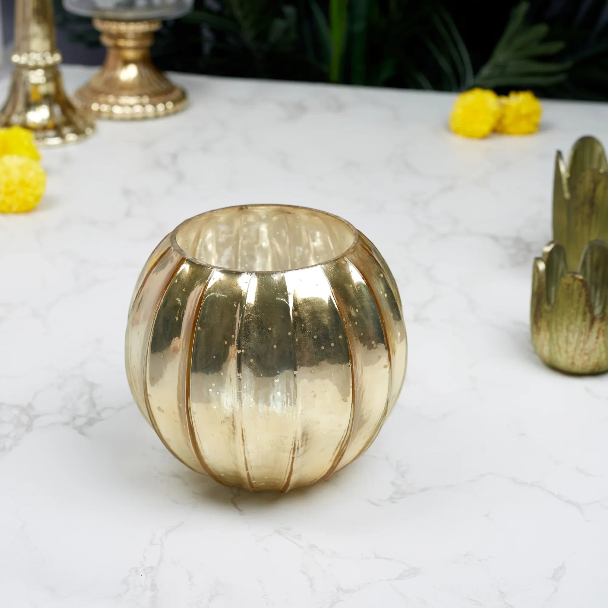 Phiona Glass Pumpkin Handcrafted Mercury Votive 14 Cm in Gold Colour - HomeTown