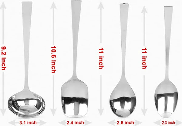Marble Stainless steel Serving 4 Pcs Set, Gravy Ladle,Rice Server, Veg Server, Serving Spoon in Silver Colour dimensions
