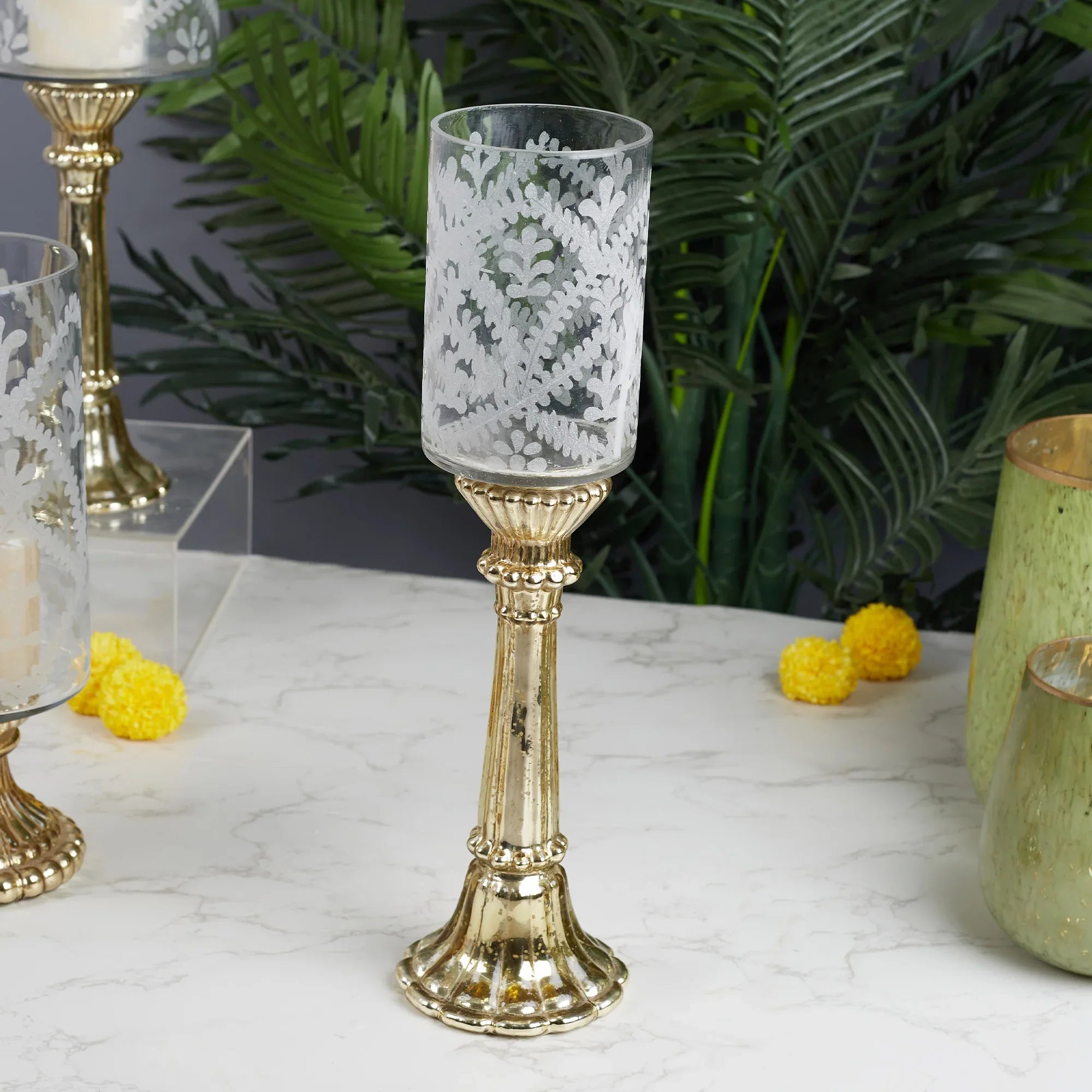 Phiona Glass Etched Handcrafted Hurricane 42 Cm in Gold Colour - HomeTown