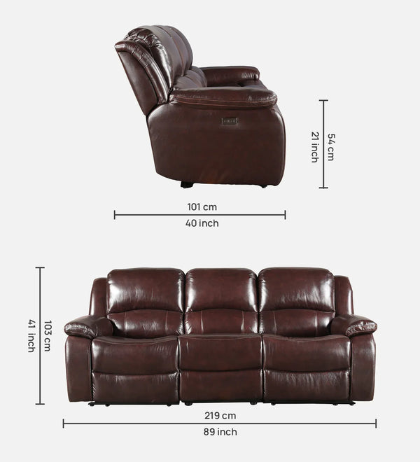 Rhine Half Leather 3 Seater Electric Recliner Sofa in Brown Colour dimensions