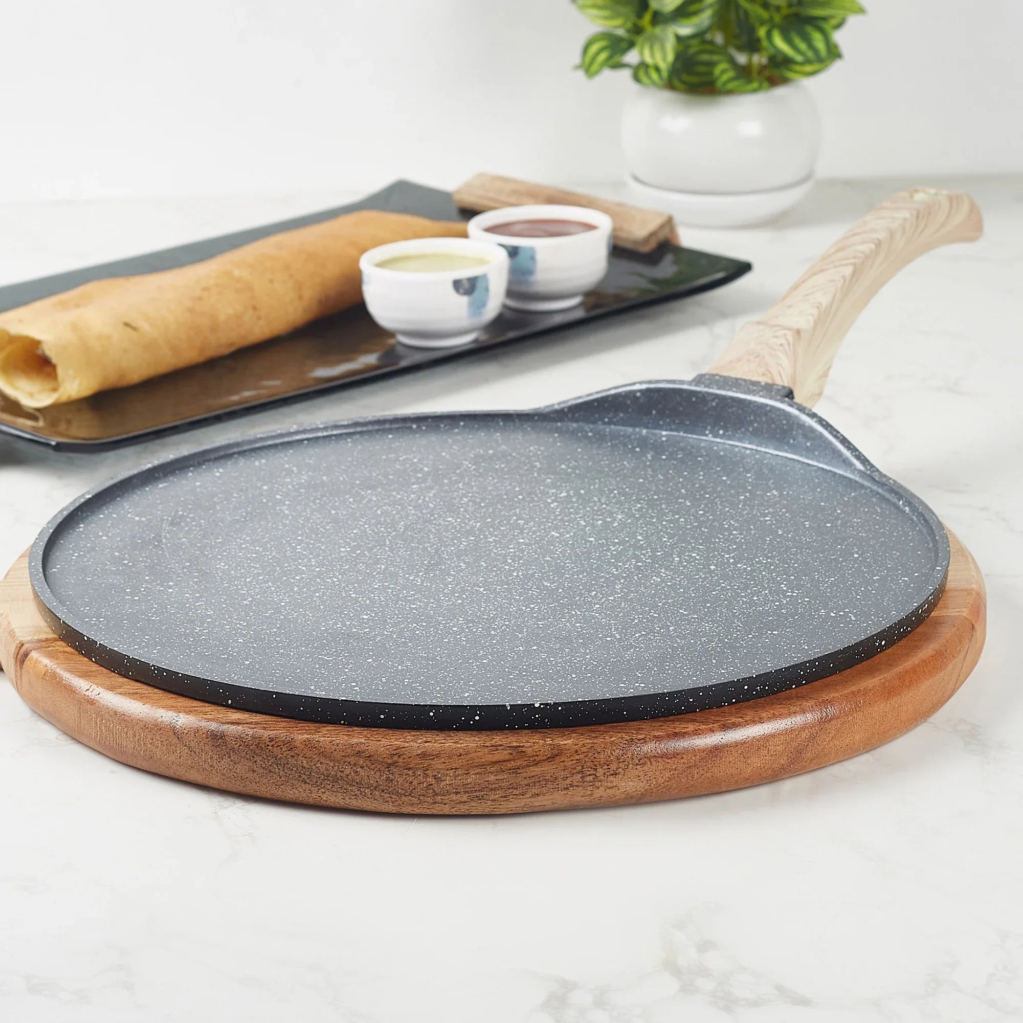 MasterCook+ 100% Virgin Aluminium Die-Cast Dosa Pan/Tawa 28 cm in Black & Wood Colour - HomeTown