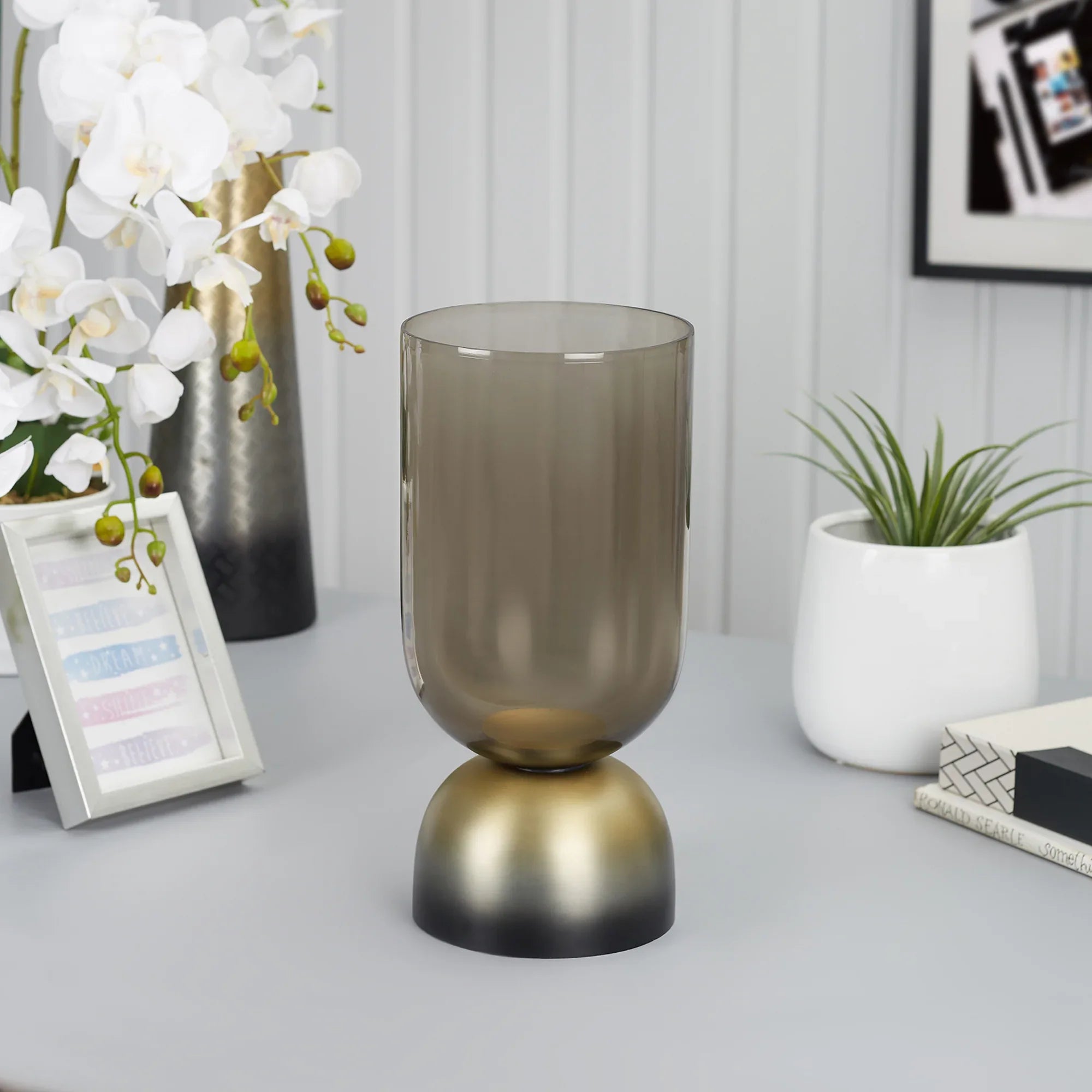 Zeus Iron and Glass Ombre Chimney Hurricane 17x35 Cm in Antique Gold & Black Colour - HomeTown