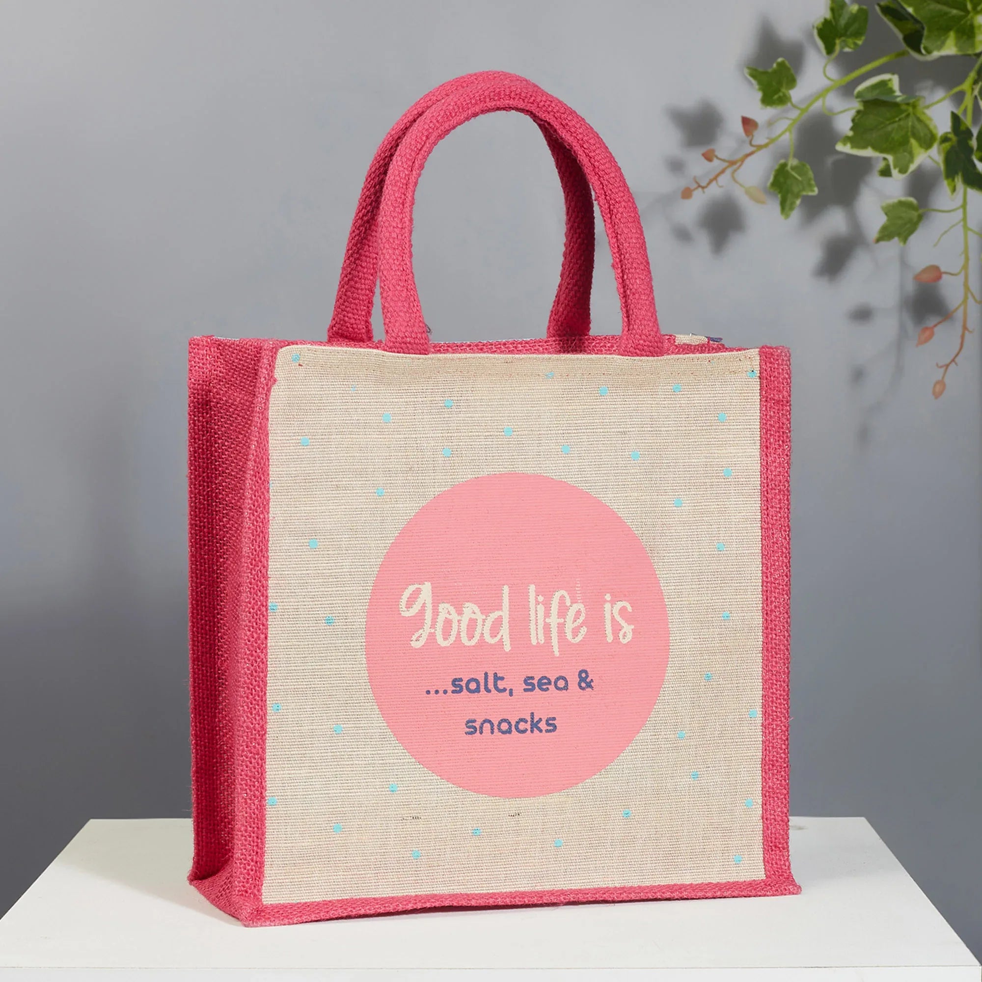 Good Life Jute Reversible Salt, Sea & Snack Printed Lunch Bag 25.5 x 25.5 Cm in Pink Colour - HomeTown