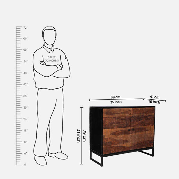 Sven Sheesham Wood(Rosewood) Two Door Sideboard in Natural Sheesham & Black Colour dimensions