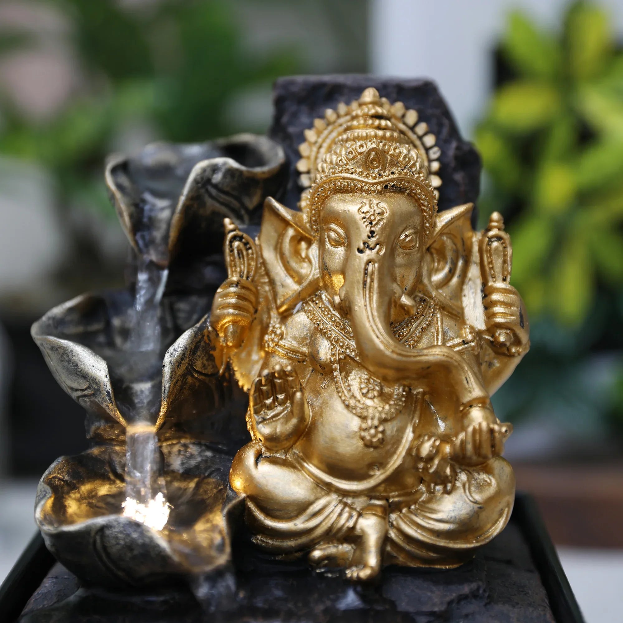 Impression Polyresin Meditating Ganesha Fountain 13X18Cm in Black Gold Colour - HomeTown