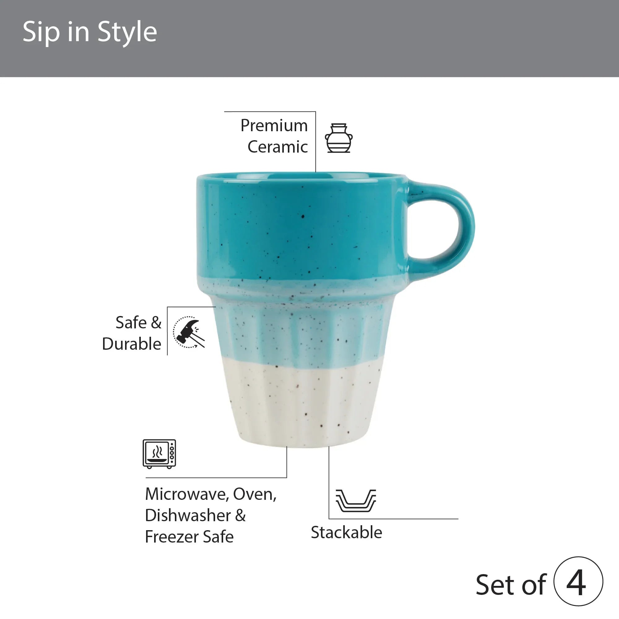 Emilia Ceramic Coffee Mugs Set Of 4 With Metal Stand in Blue & Pink Colour - HomeTown