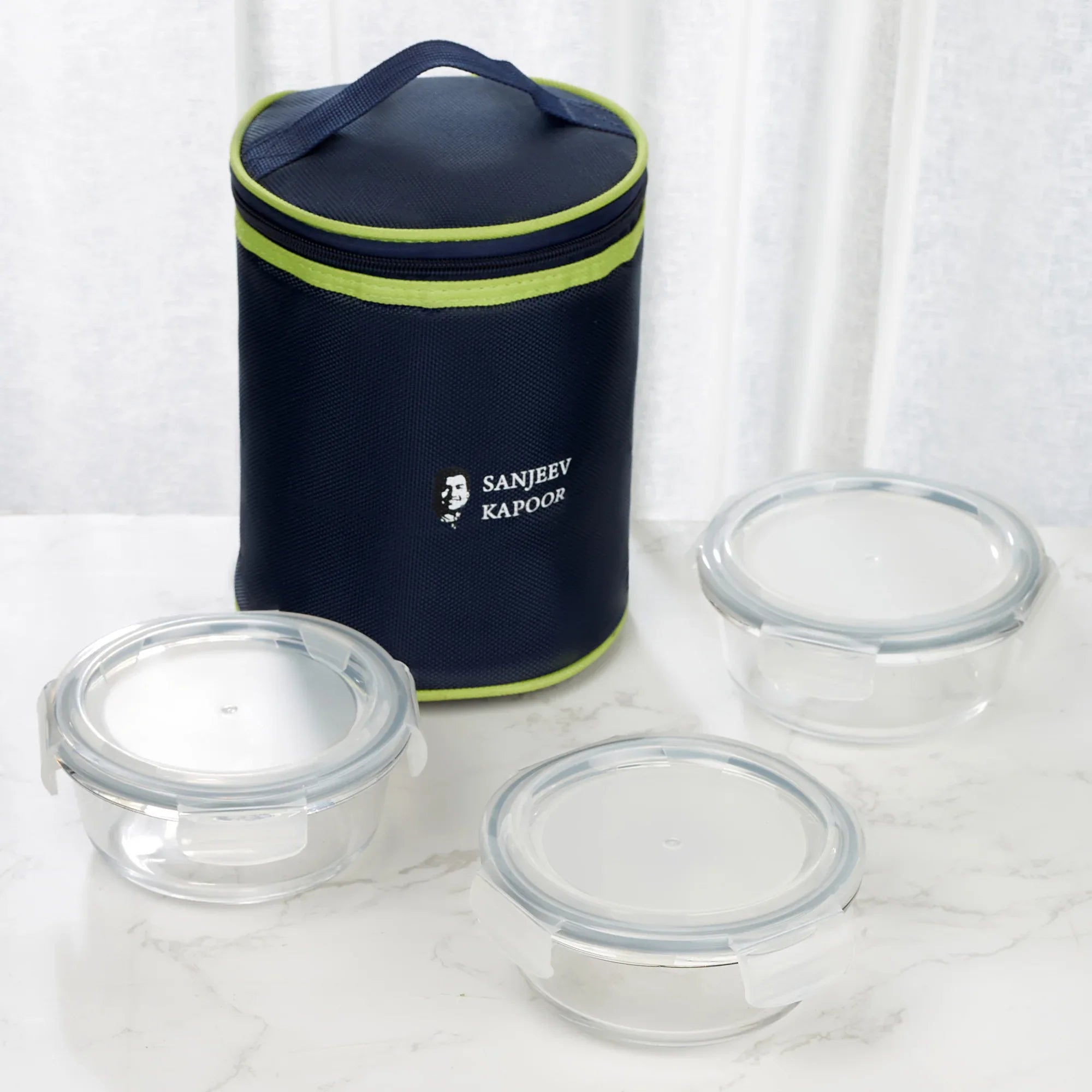 Boston Borosilicate Glass Microwave Safe Round Lunch box 400ml Set of 3 + Carry Bag in Blue Colour - HomeTown