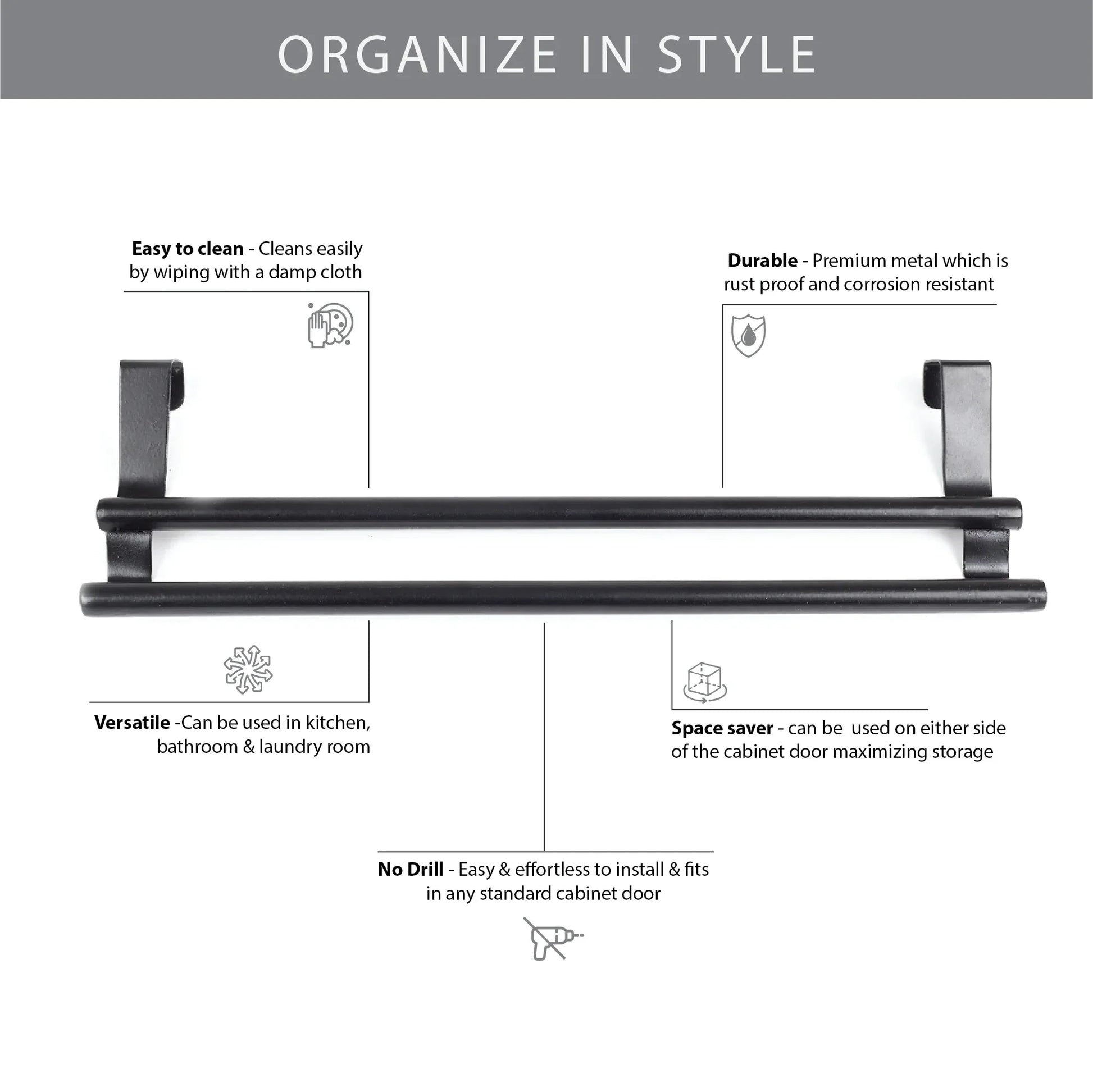 Lattice Metal Space Saver- No Drill- Kitchen Towel Holder over Cabinet Door in Black Colour - HomeTown