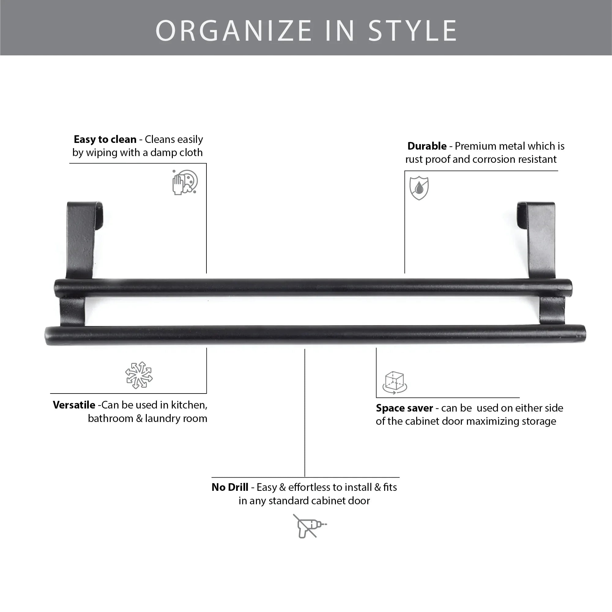 Lattice Metal Space Saver- No Drill- Kitchen Towel Holder over Cabinet Door in Black Colour - HomeTown