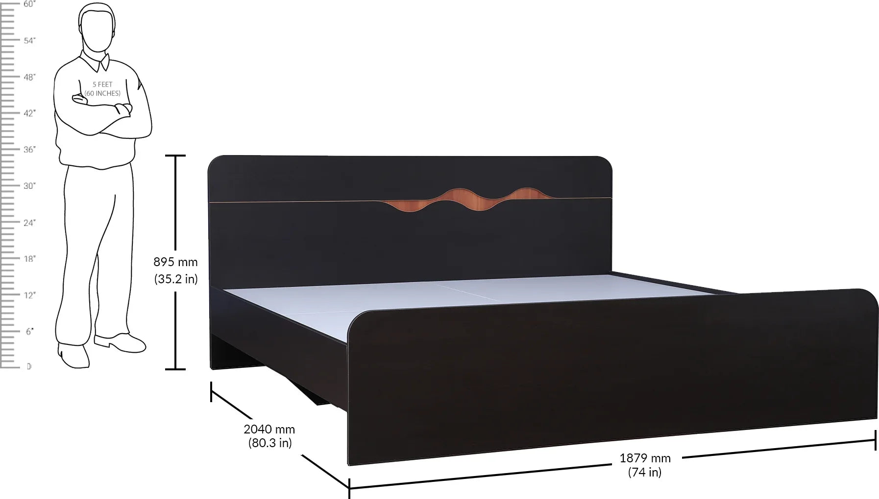 Swirl King Bed without storage in Dark Oak Colour - HomeTown