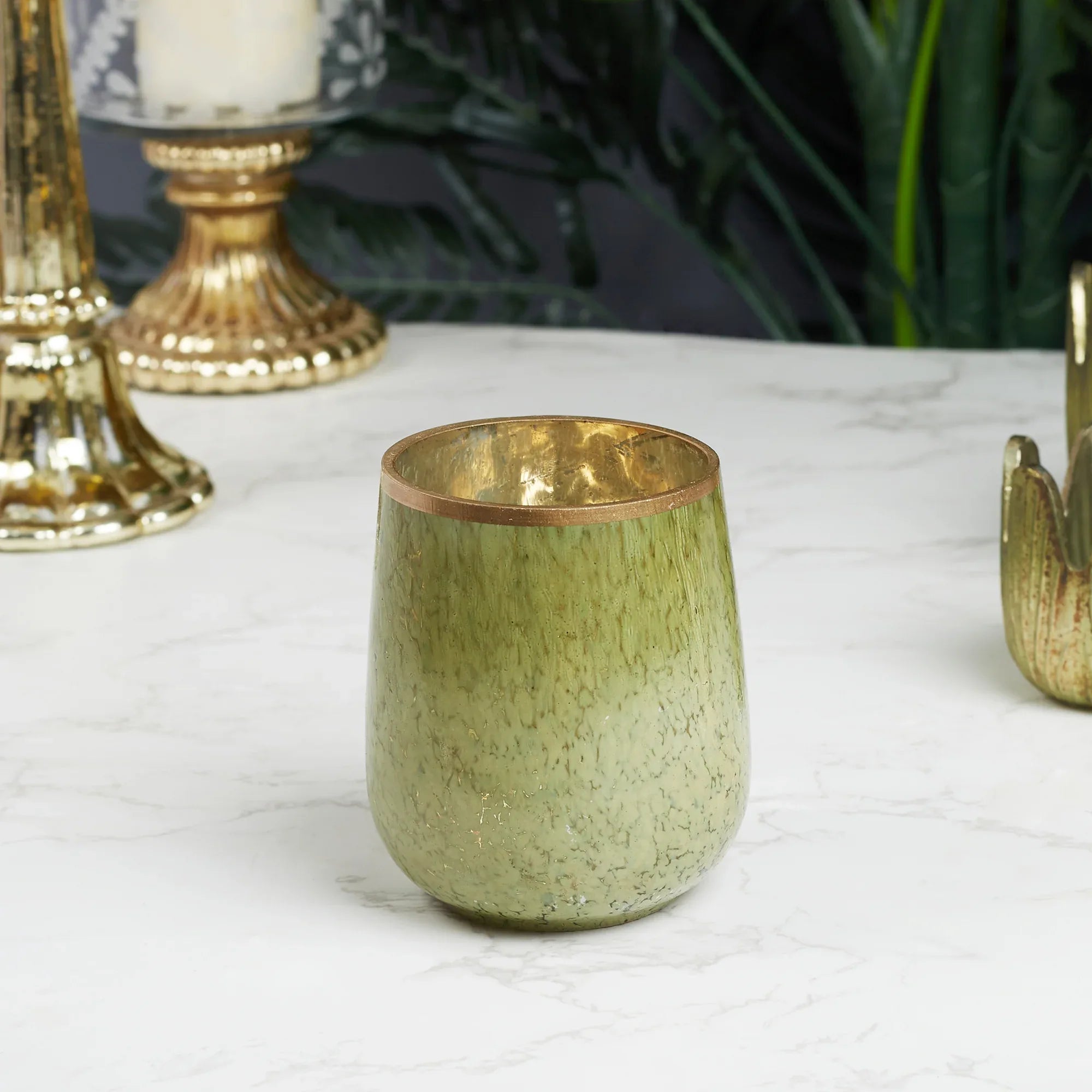 Phiona Glass Textured Handcrafted Votive 9 Cm in Olive Colour - HomeTown