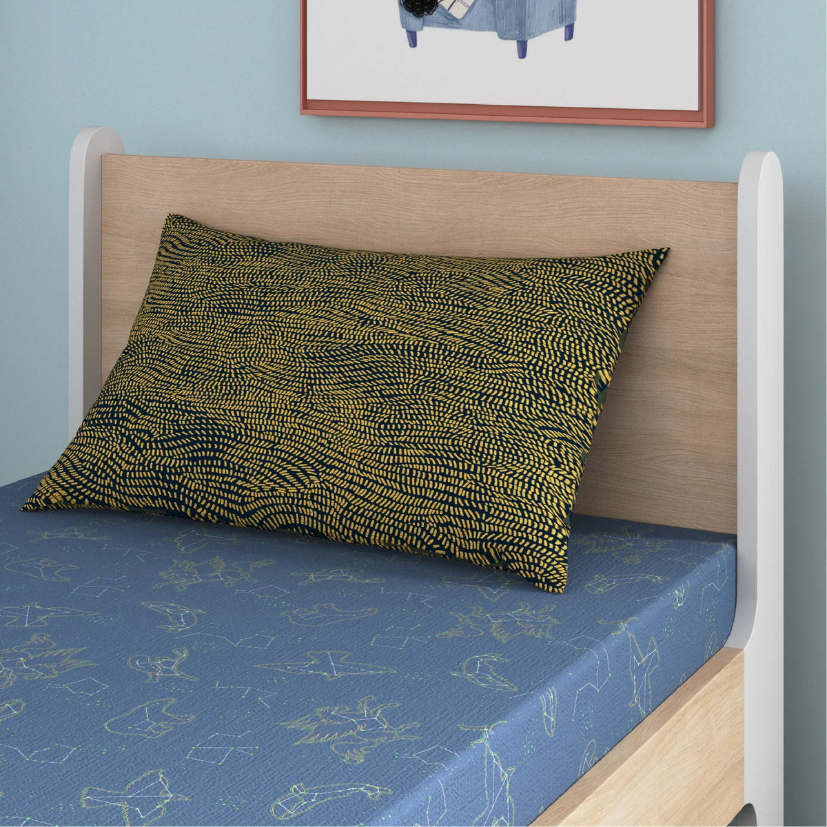 Constellation Glow Bamboo Cotton Single Fitted Bedsheet in Blue Colour - HomeTown