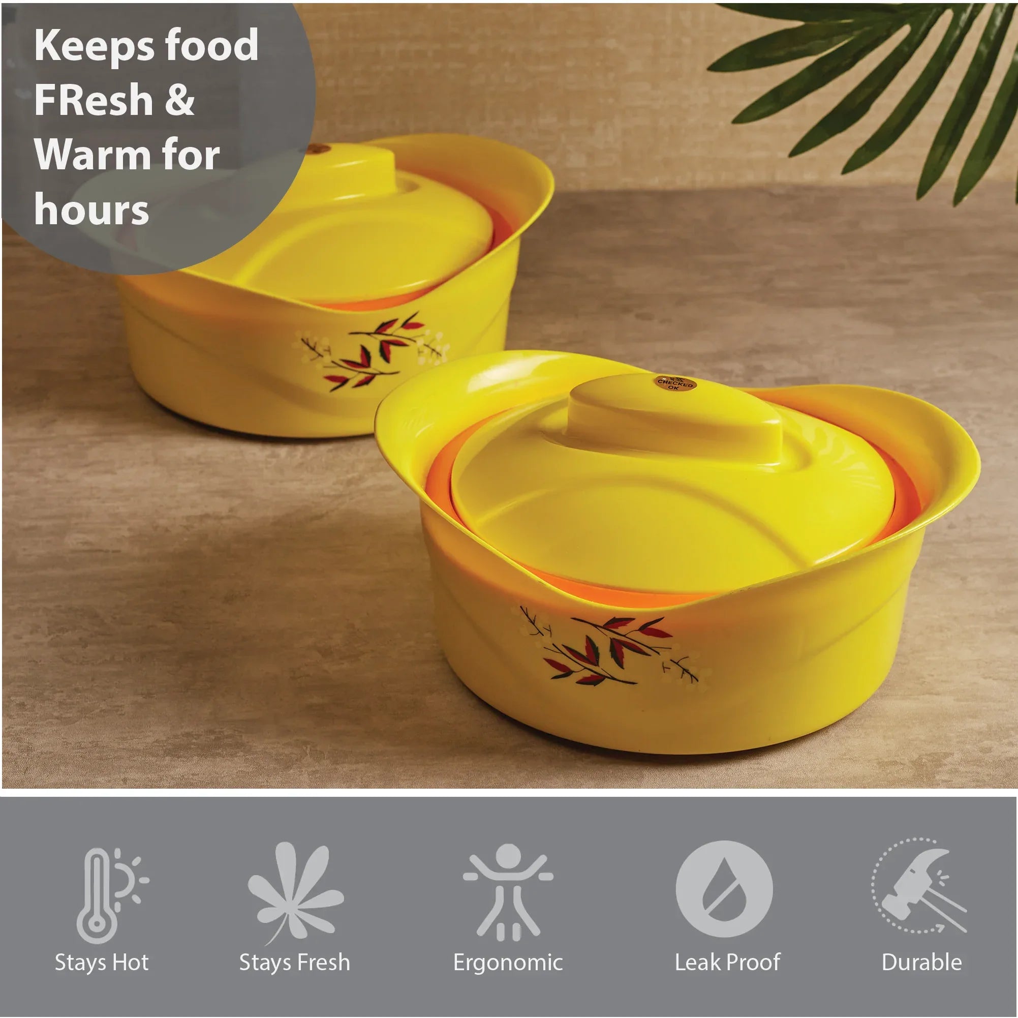 Fiesta Plastic and Stainless Steel Duo Double-Wall Insulated Casserole Set Of 2 in Yellow Colour - HomeTown