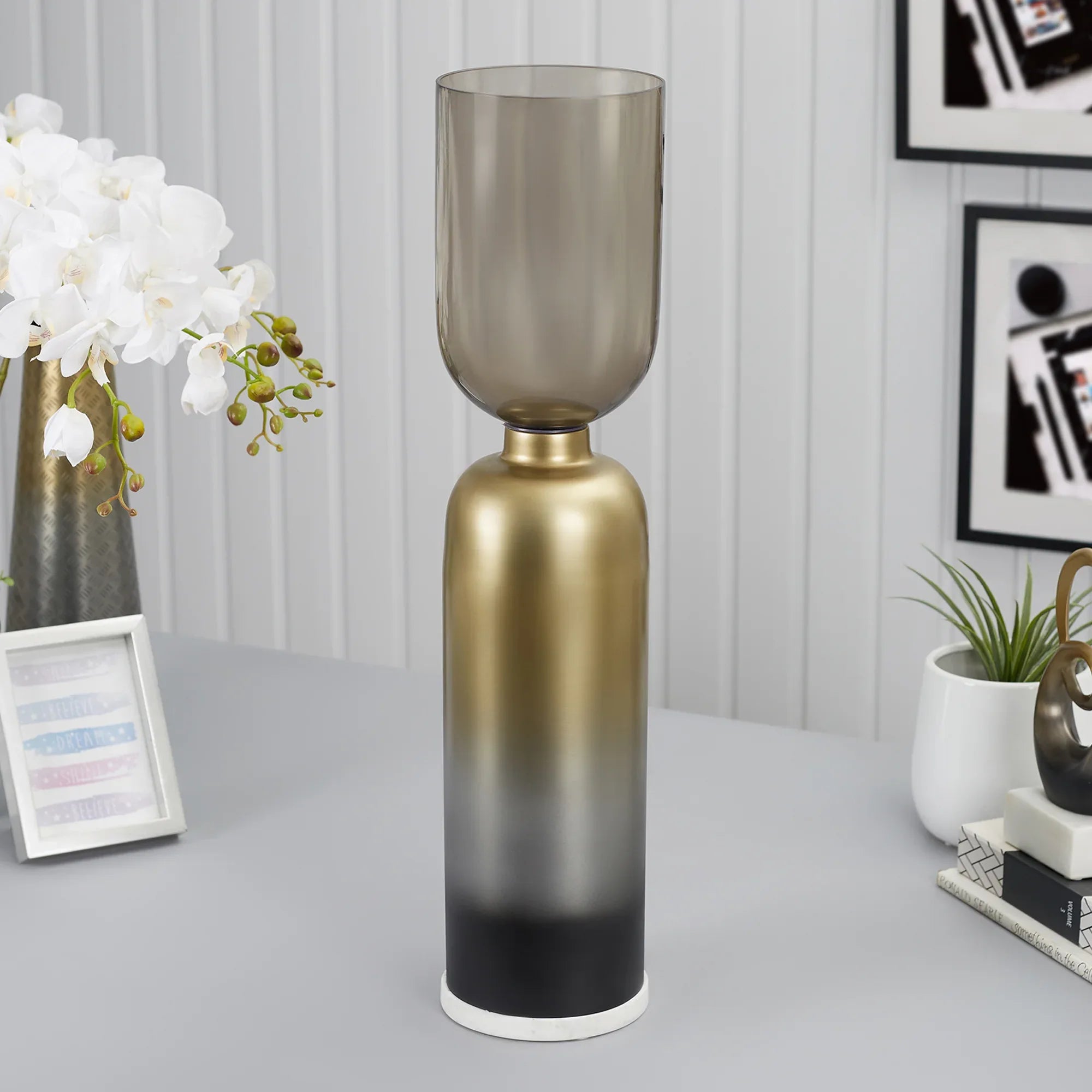 Zeus Iron and Glass Ombre Floor Hurricane 20x76 Cm in Antique Gold & Black Colour - HomeTown