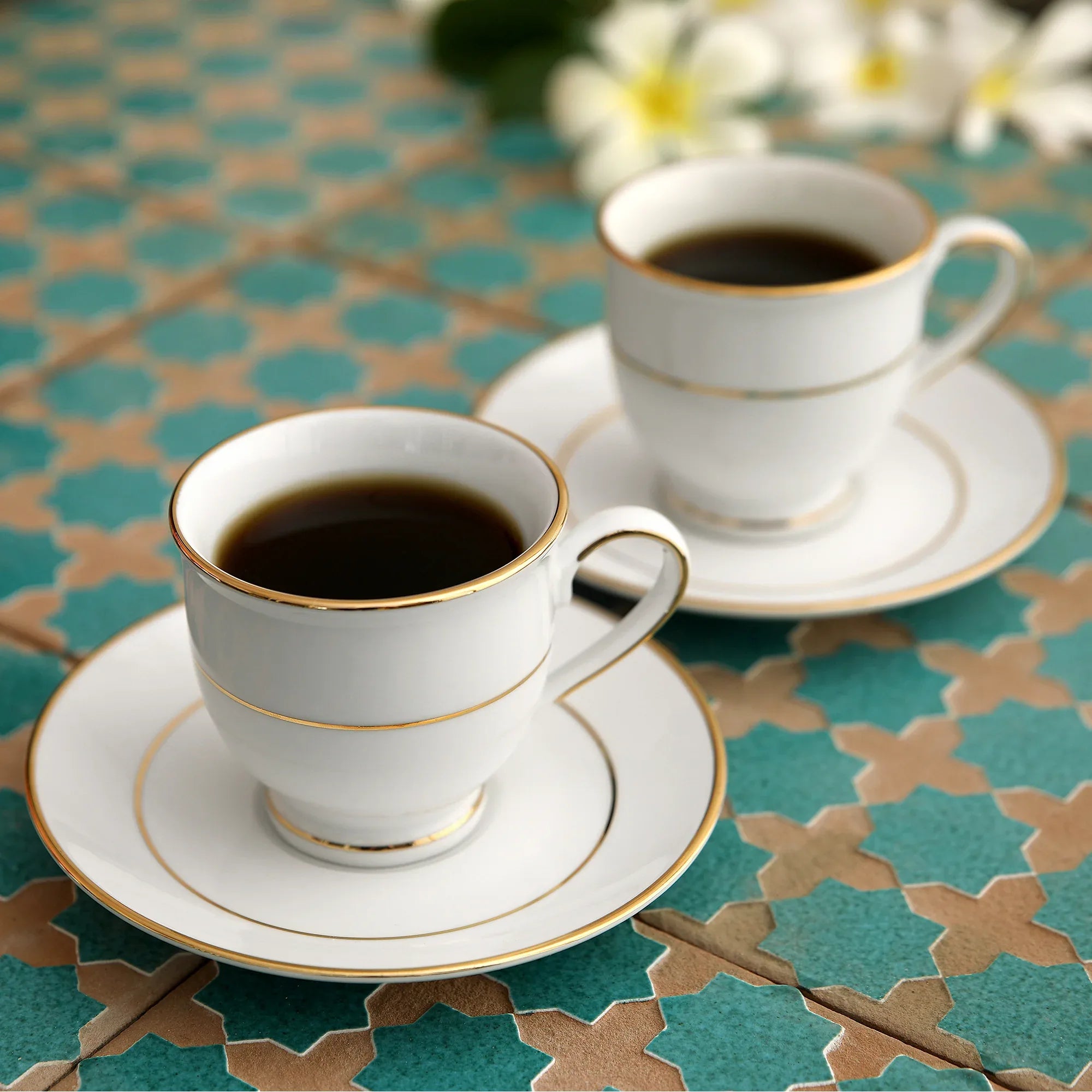 Amour Porcelain Cup & Saucer Set of 12 Pcs in Real Gold Plating & White Colour - HomeTown