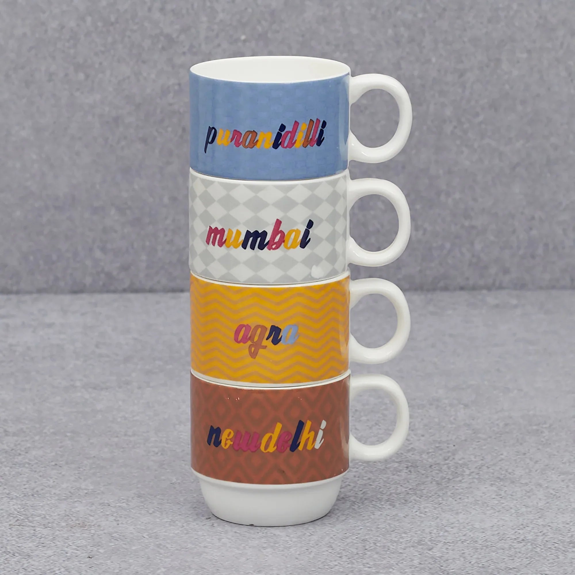 Milan Bone China India Stackable 220 Ml Tea Mug Set of 4 with Stand in Multi Colour - HomeTown