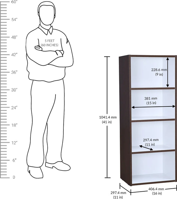 Mezzola Engineered Wood 4 Tier Bookshelf in Wenge Colour dimensions