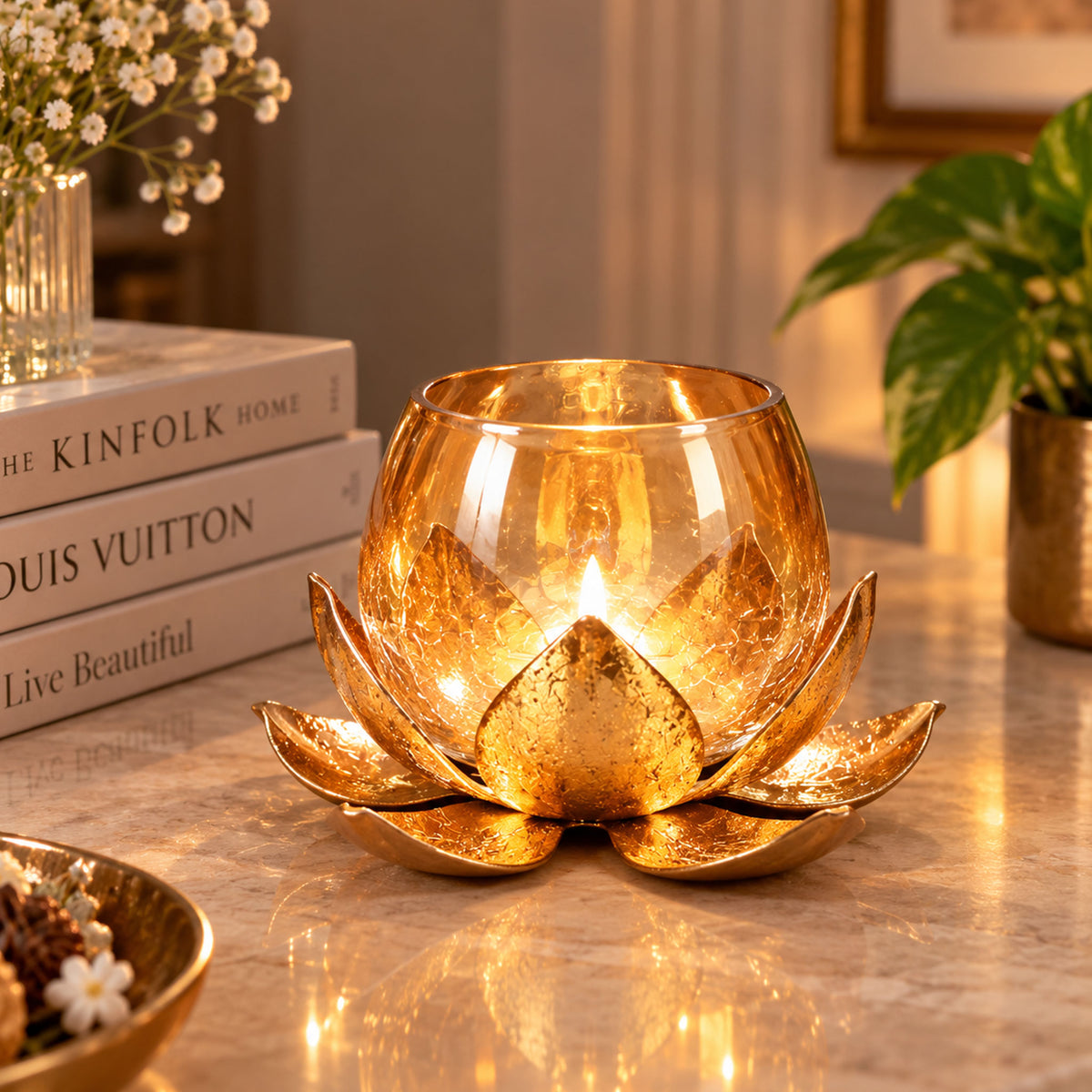 CGI Luxe Utsav Lotus Glass Tea Light Gold Finish | 11X11X8.5 cm