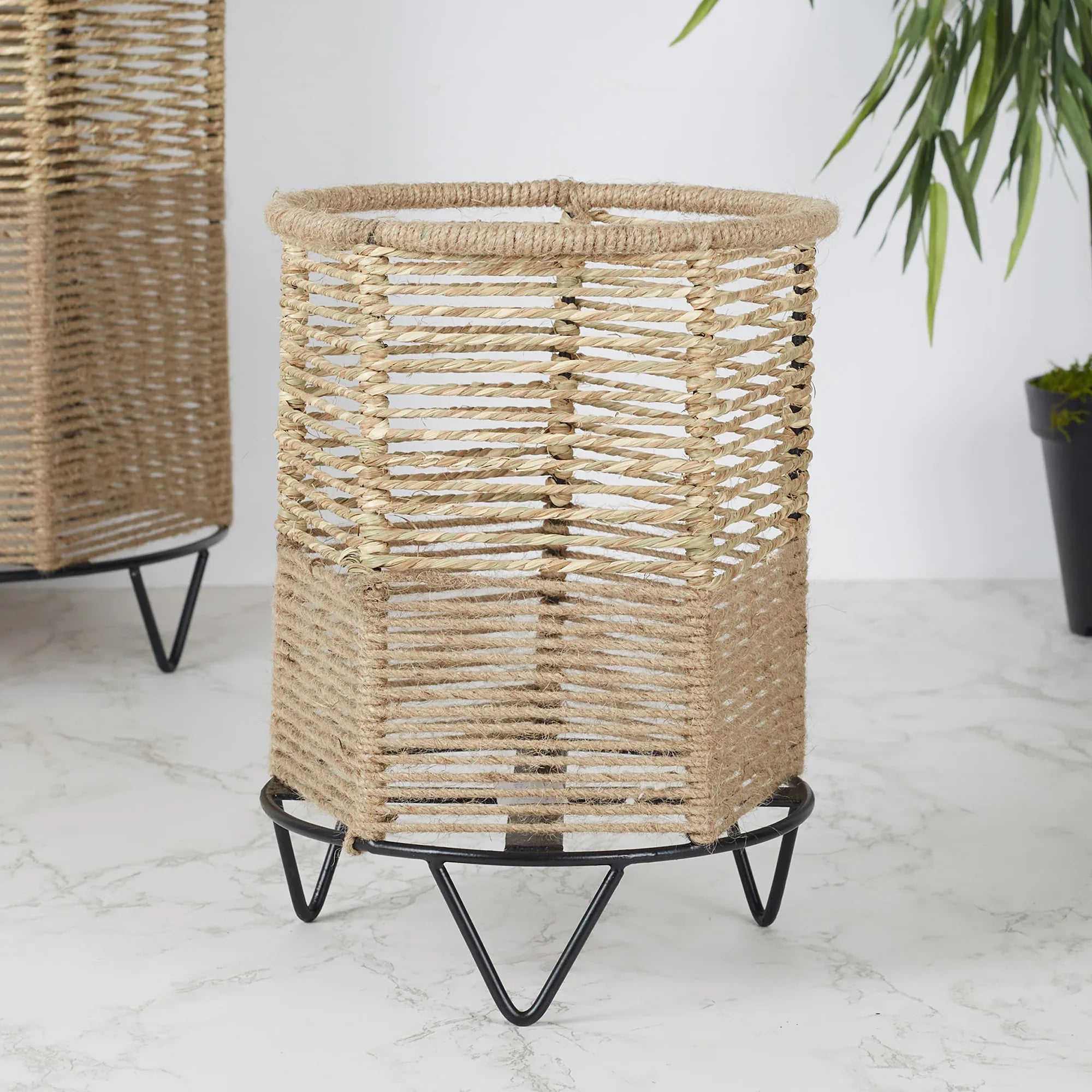 Boho Metal And Natural Fiber Planter Stand 27Cm in Brown Colour - HomeTown