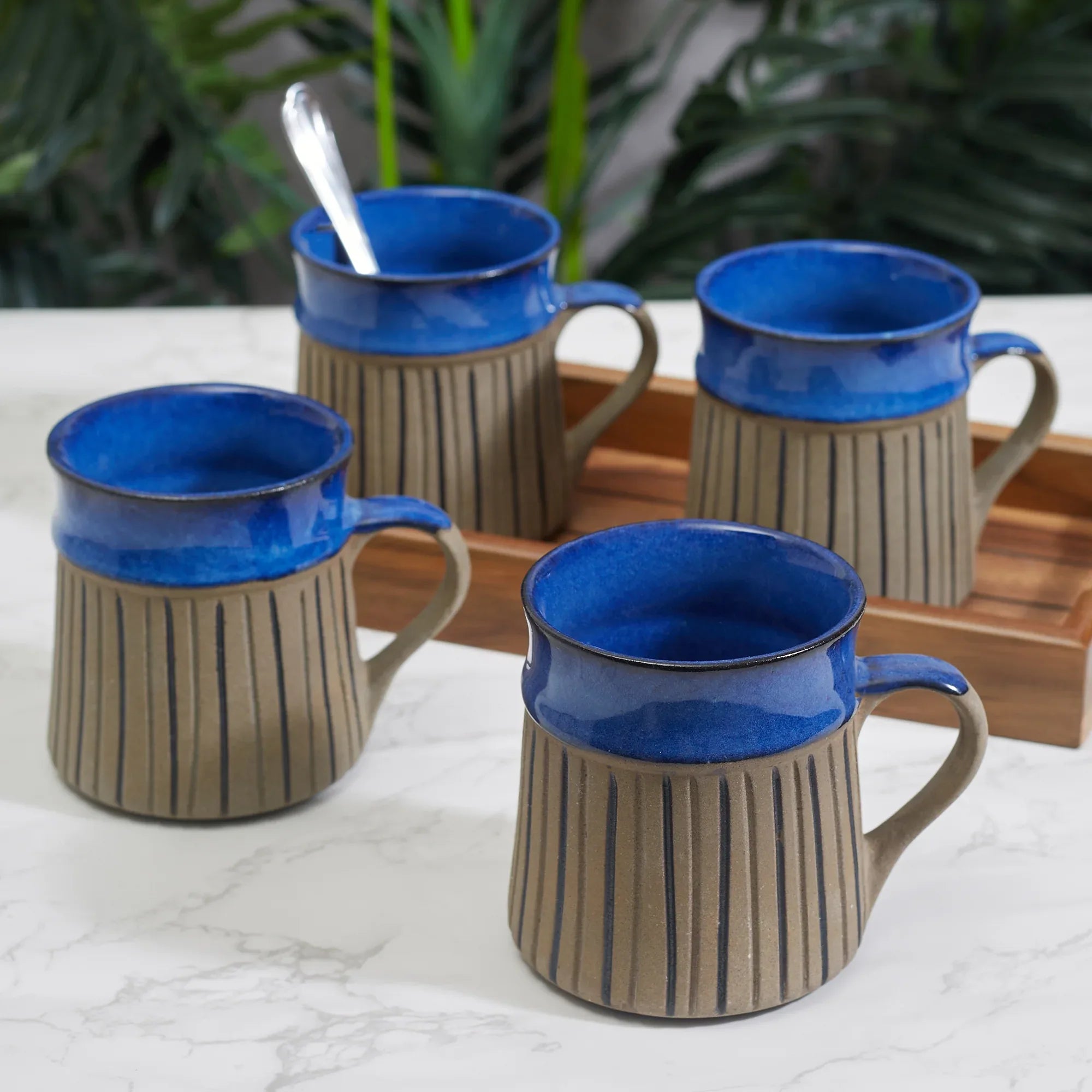 Fiesta Studio Pottery Unico Coffee Mug 300 ML Set of 4 in Cobalt & Brown Colour - HomeTown