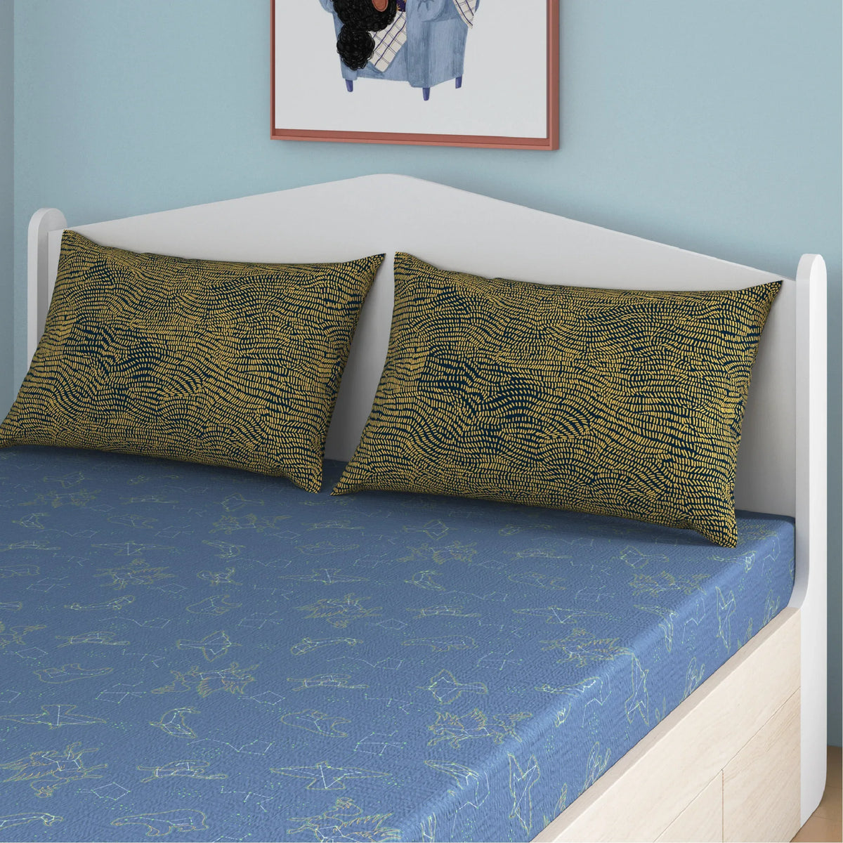 Constellation Glow Bamboo Cotton Queen Fitted Bedsheet in Blue Colour - HomeTown