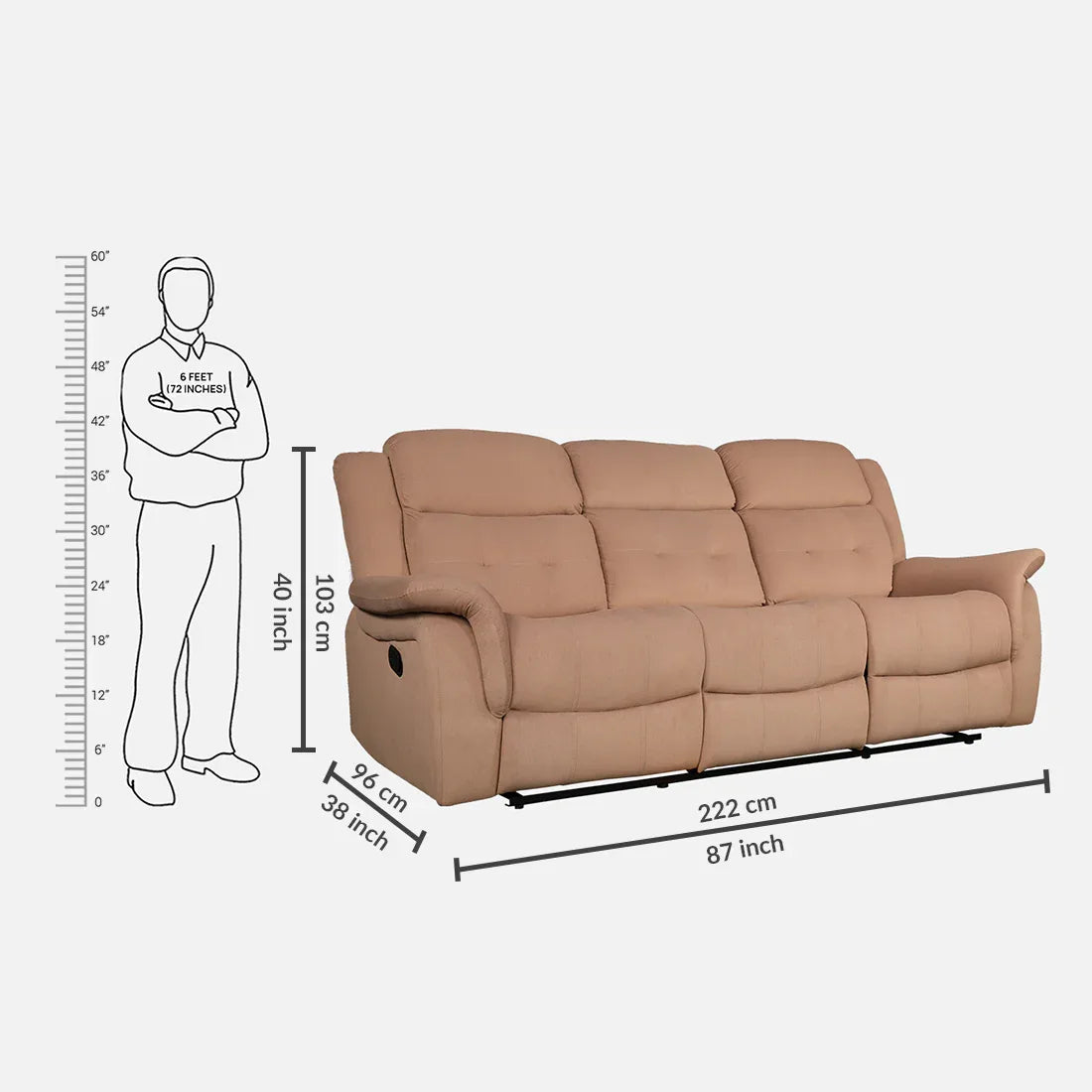 Attila Fabric Three Seater Recliner in Brown Colour - HomeTown