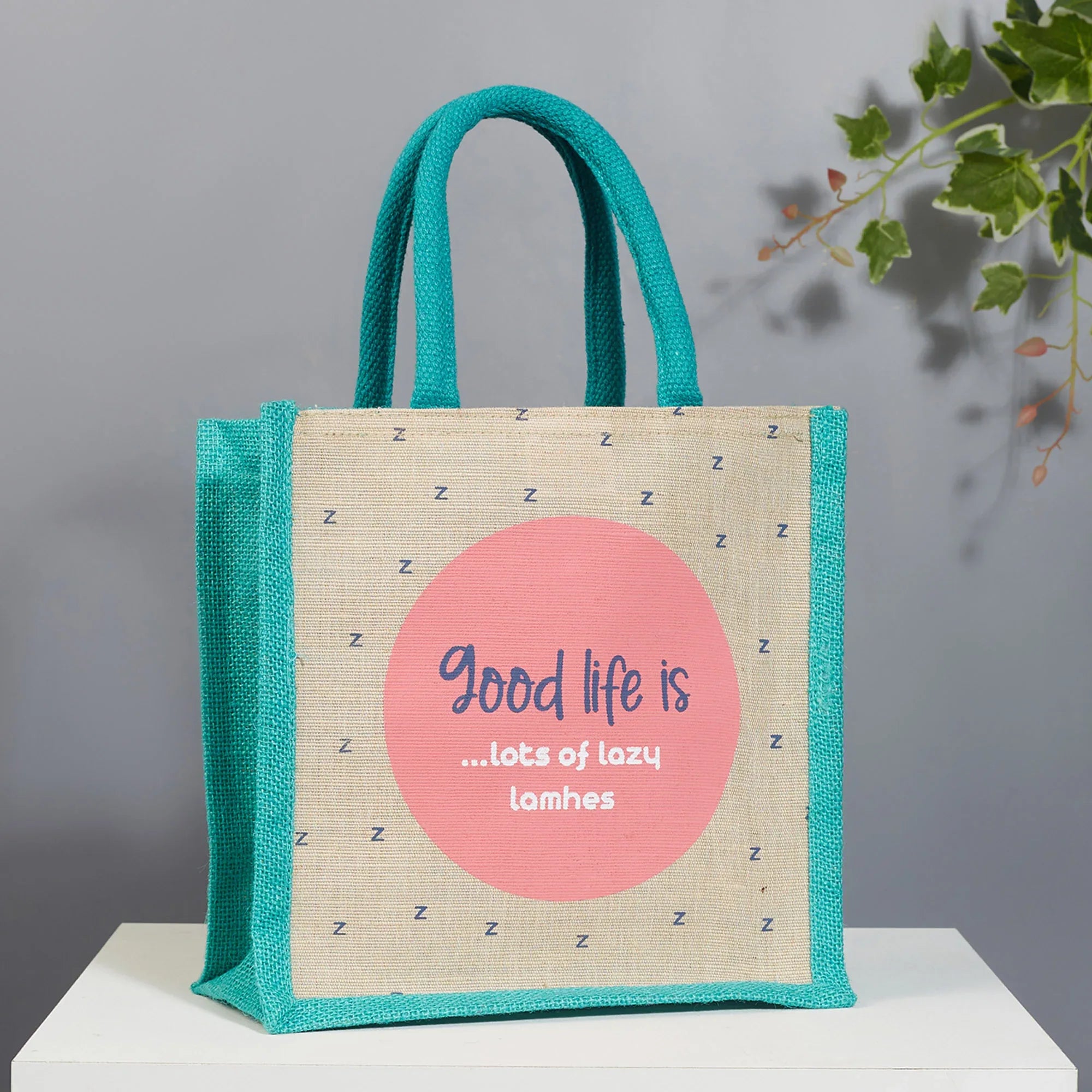 Good Life Jute Reversible Lazy Lamhe Printed Lunch Bag 25.5 x 25.5 Cm in Turq Colour - HomeTown