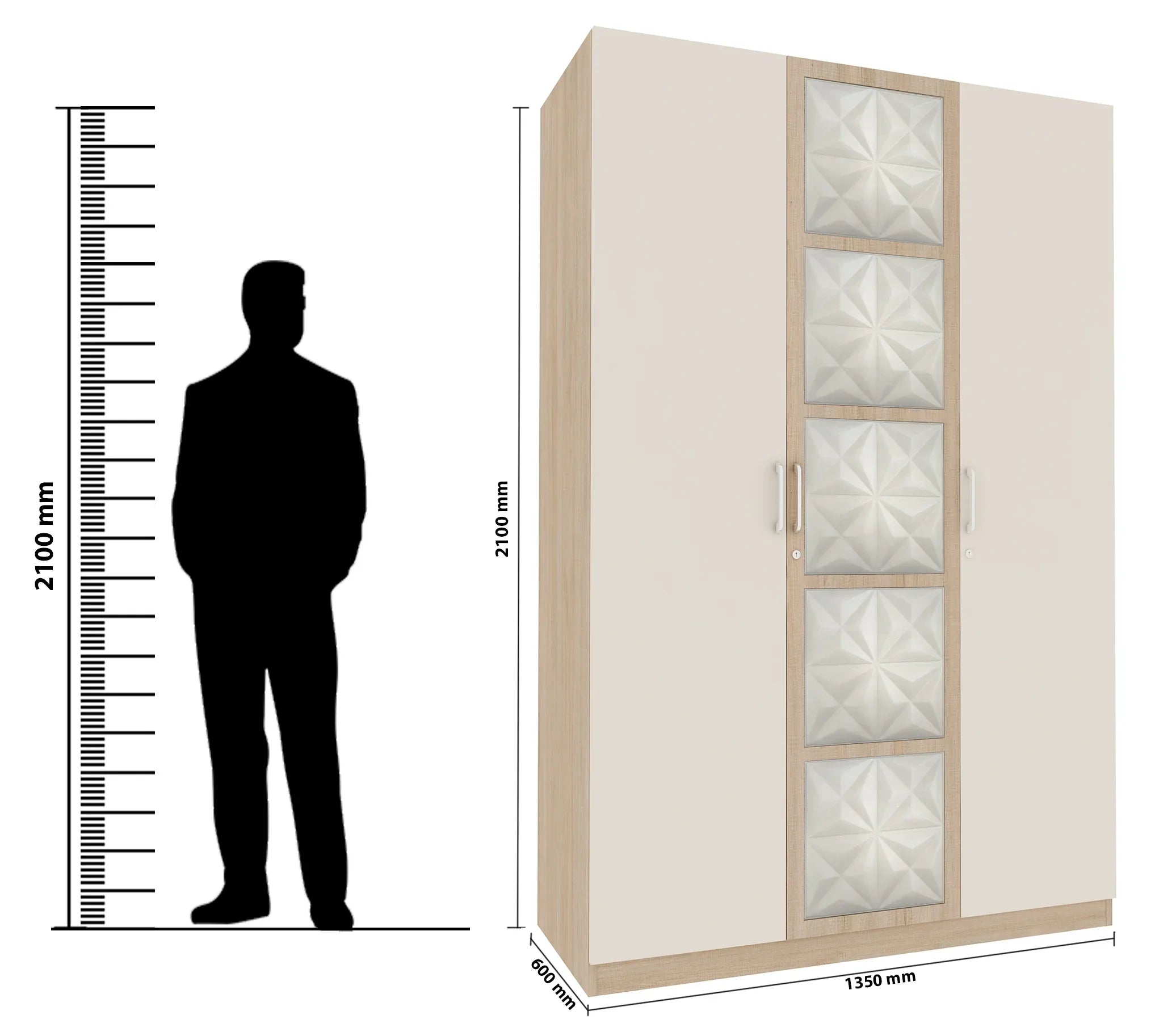 Jordan Three Door Wardrobe in Sonam Oak & White Colour - HomeTown