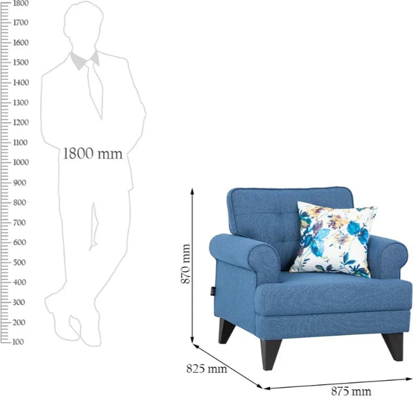 Paddington Modern Single Seater Sofa in Blue Colour & Polyester Fabric dimensions