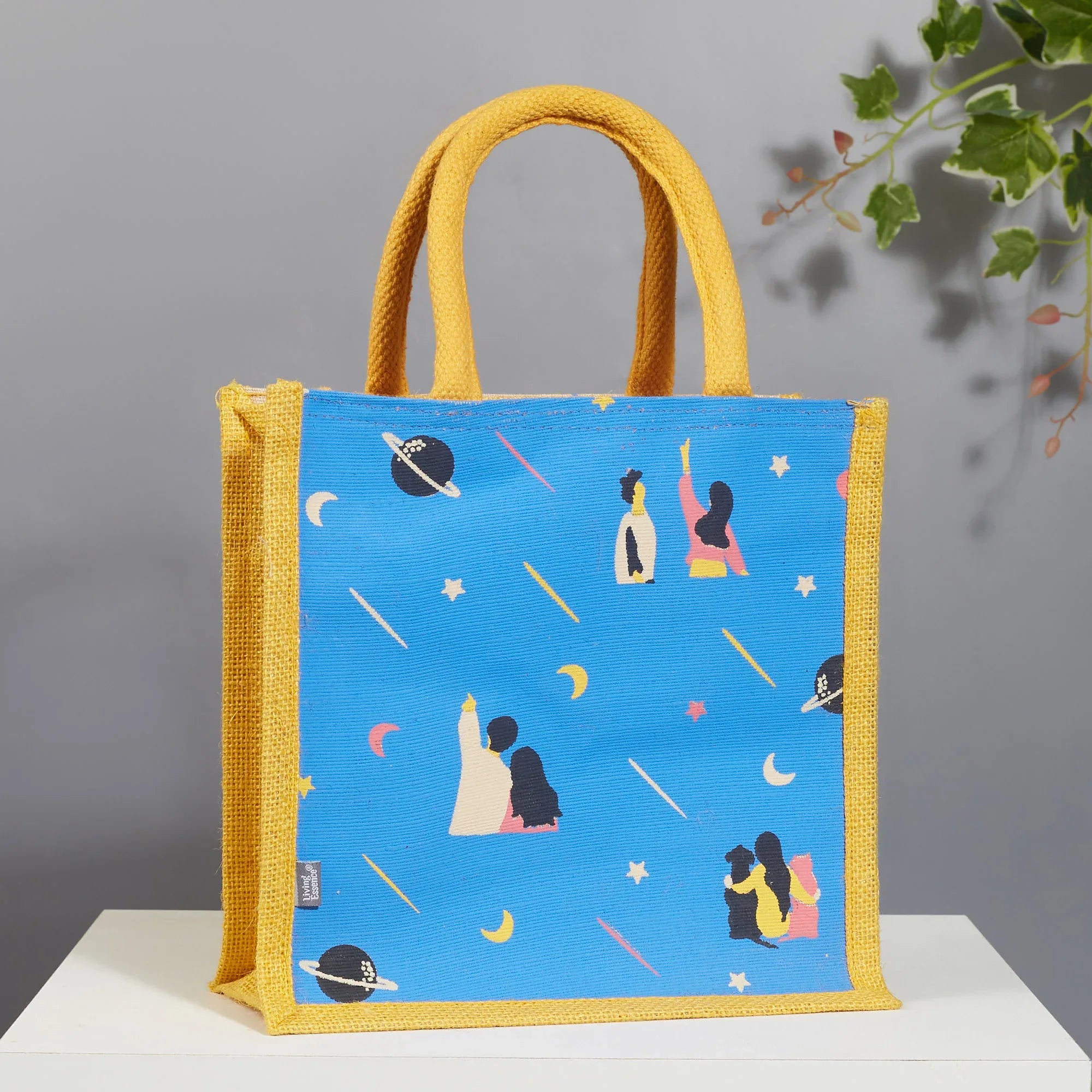 Good Life Jute Reversible Stary Night Printed Lunch Bag 25.5 x 25.5 Cm in Navy Blue & Yellow Colour - HomeTown