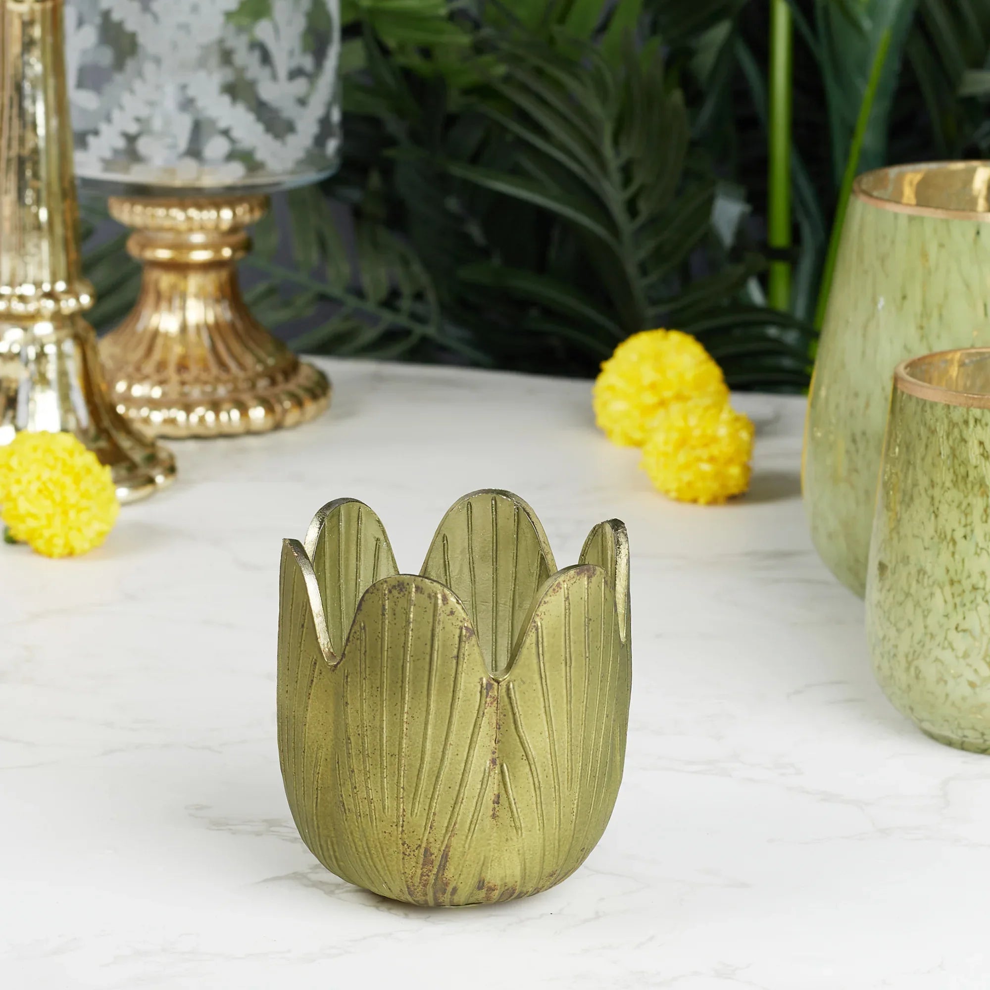 Phiona Glass Lotus Inspired Handcrafted Votive 10 Cm in Emerald Colour - HomeTown